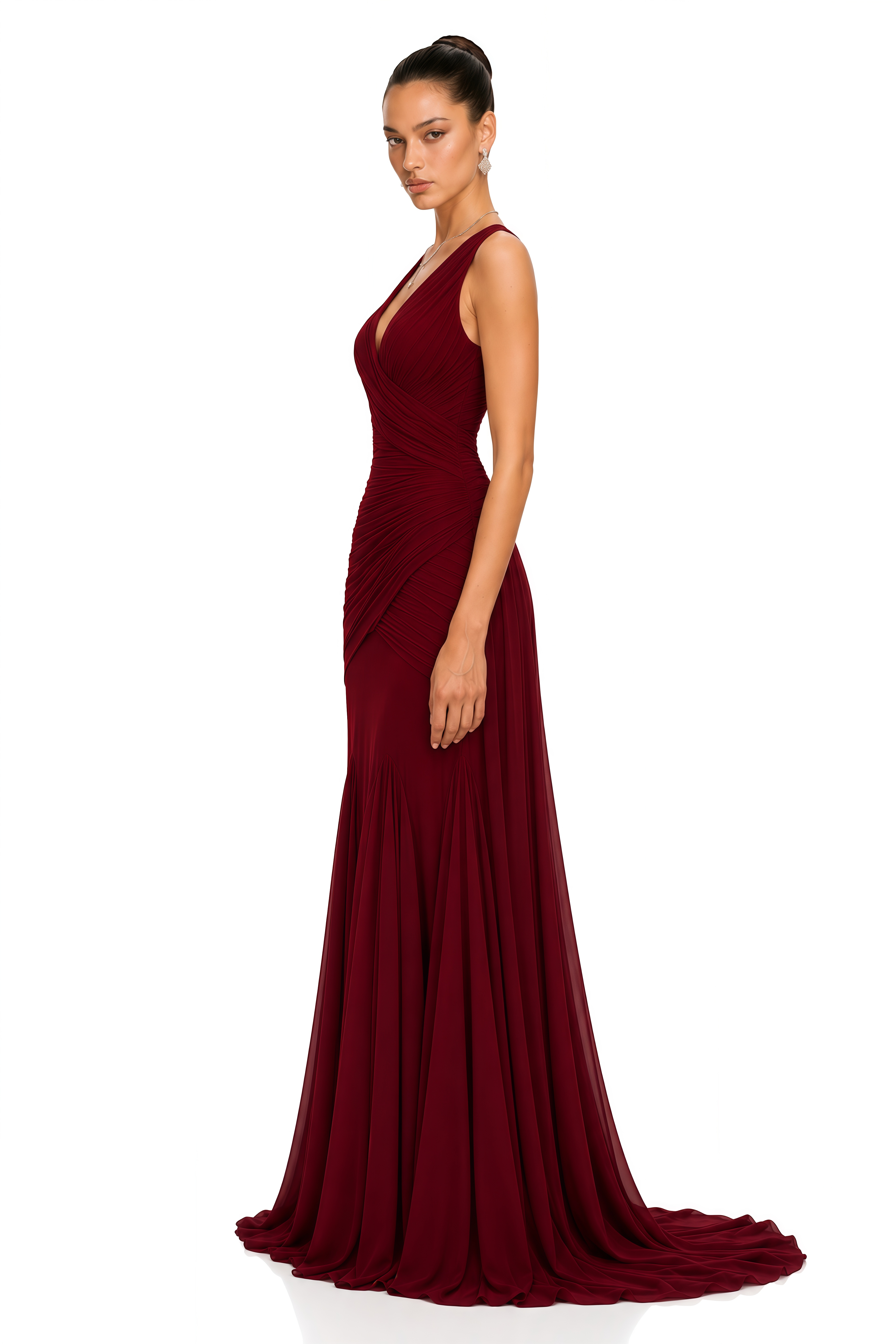 Valentina Burgundy V-Neck Ruched Maxi Dress