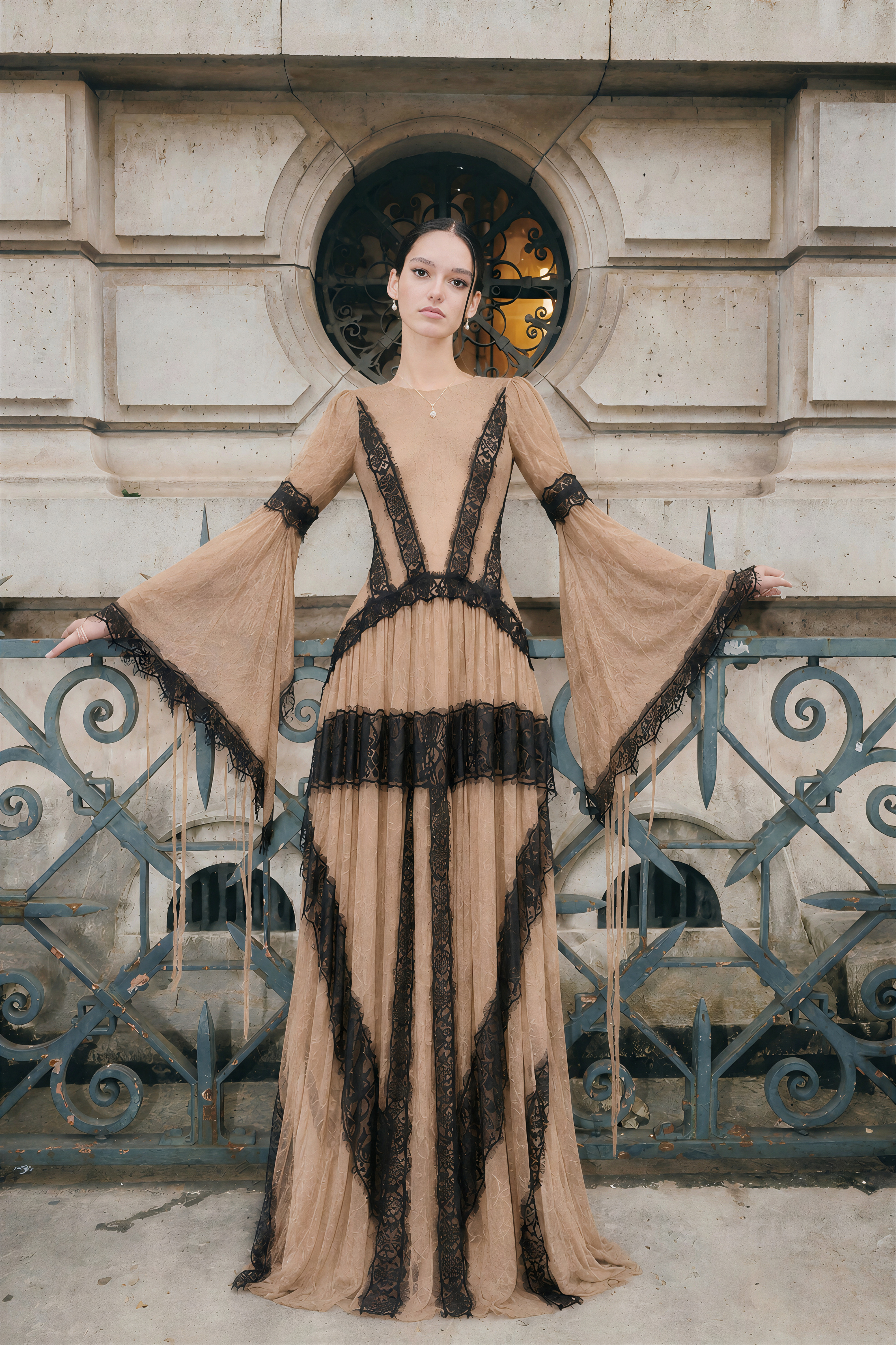 Valentina Nude Color Block Lace Maxi Dress