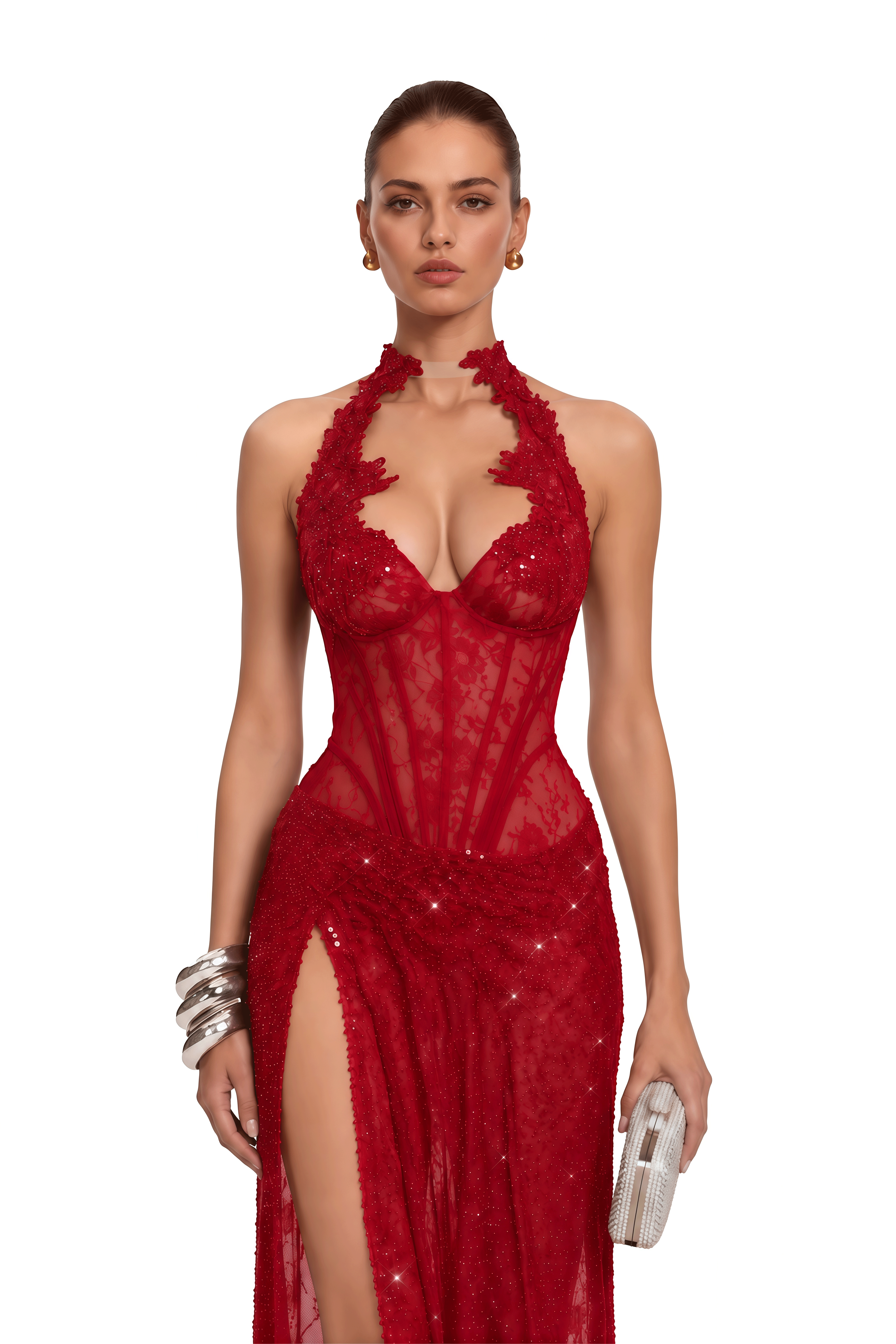 Valentina Red Sequin Lace Halterneck Slit Maxi Dress