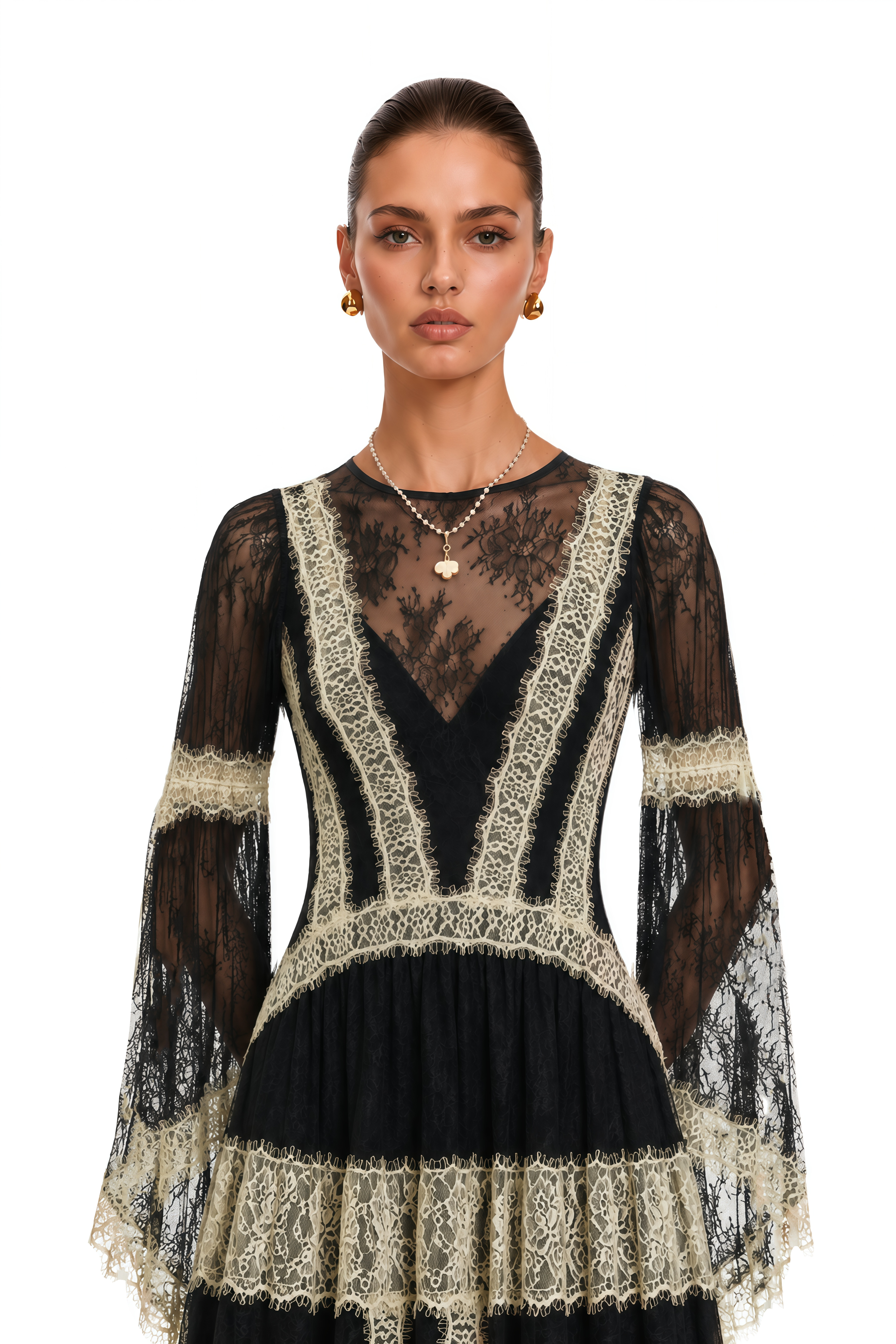 Valentina Black Color Block Lace Maxi Dress