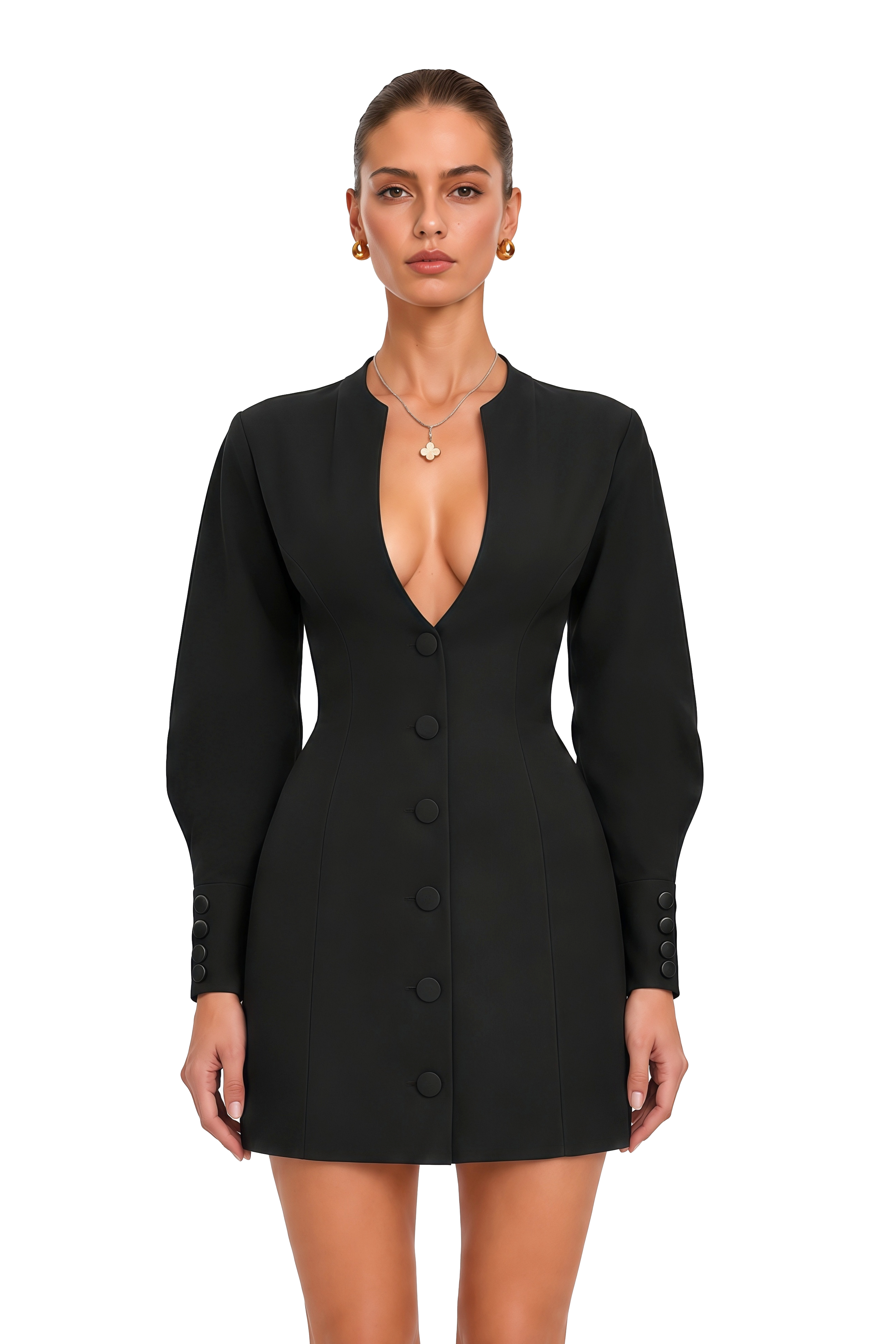 Valeria Black Deep-V Buttoned Mini Dress