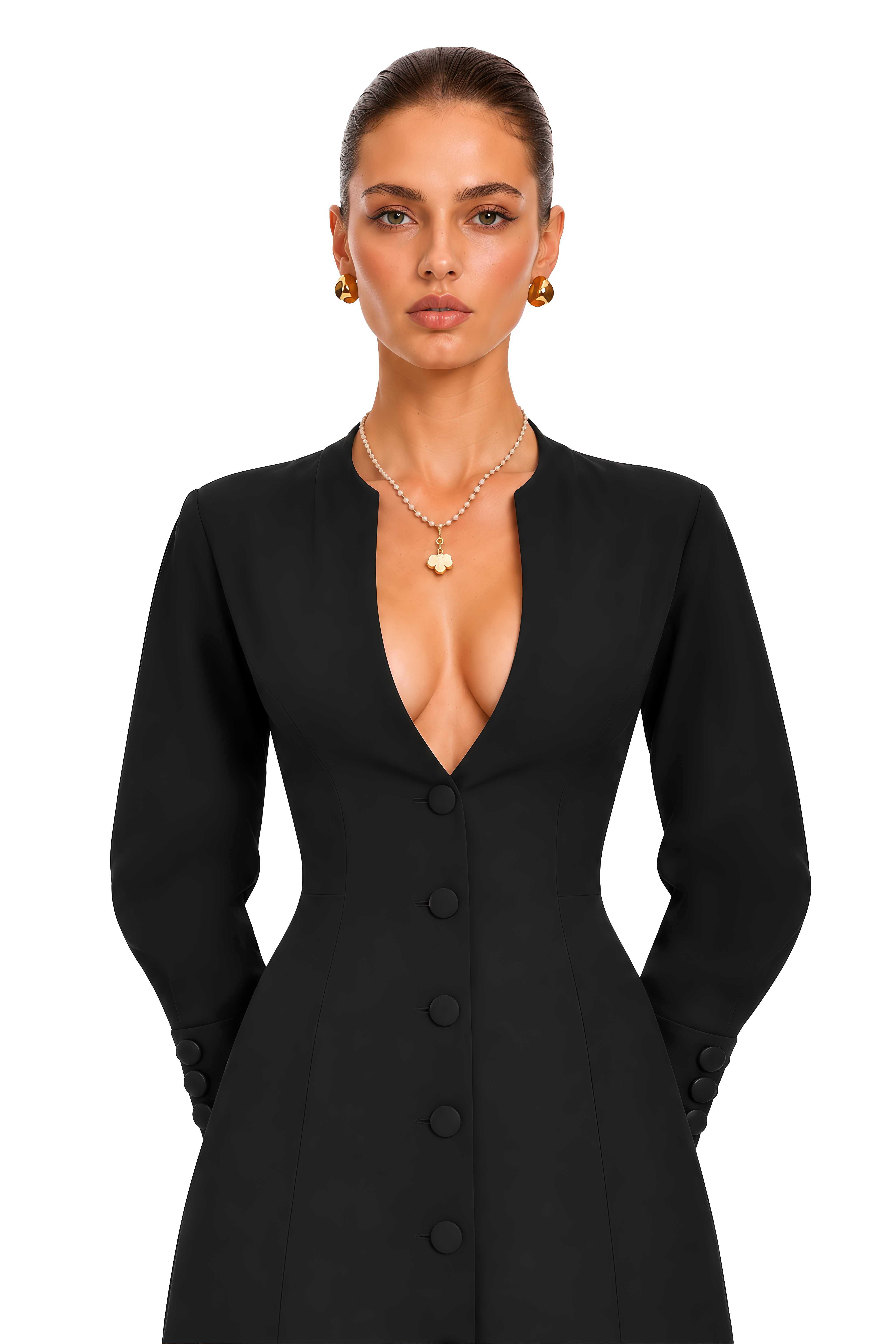 Valeria Black Deep-V Buttoned Mini Dress