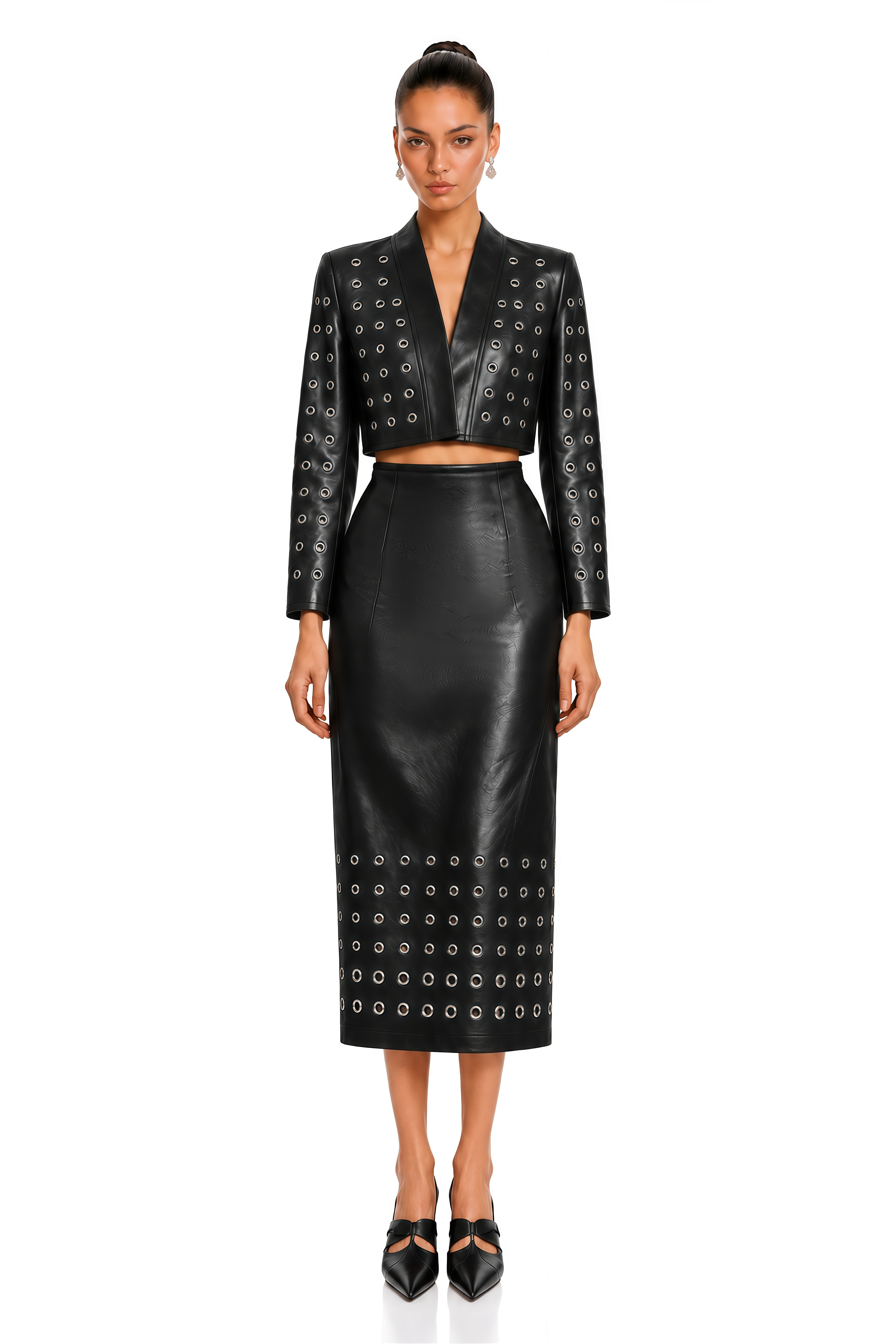 Valeria Black Grommet Cropped Top & Midi Skirt Set