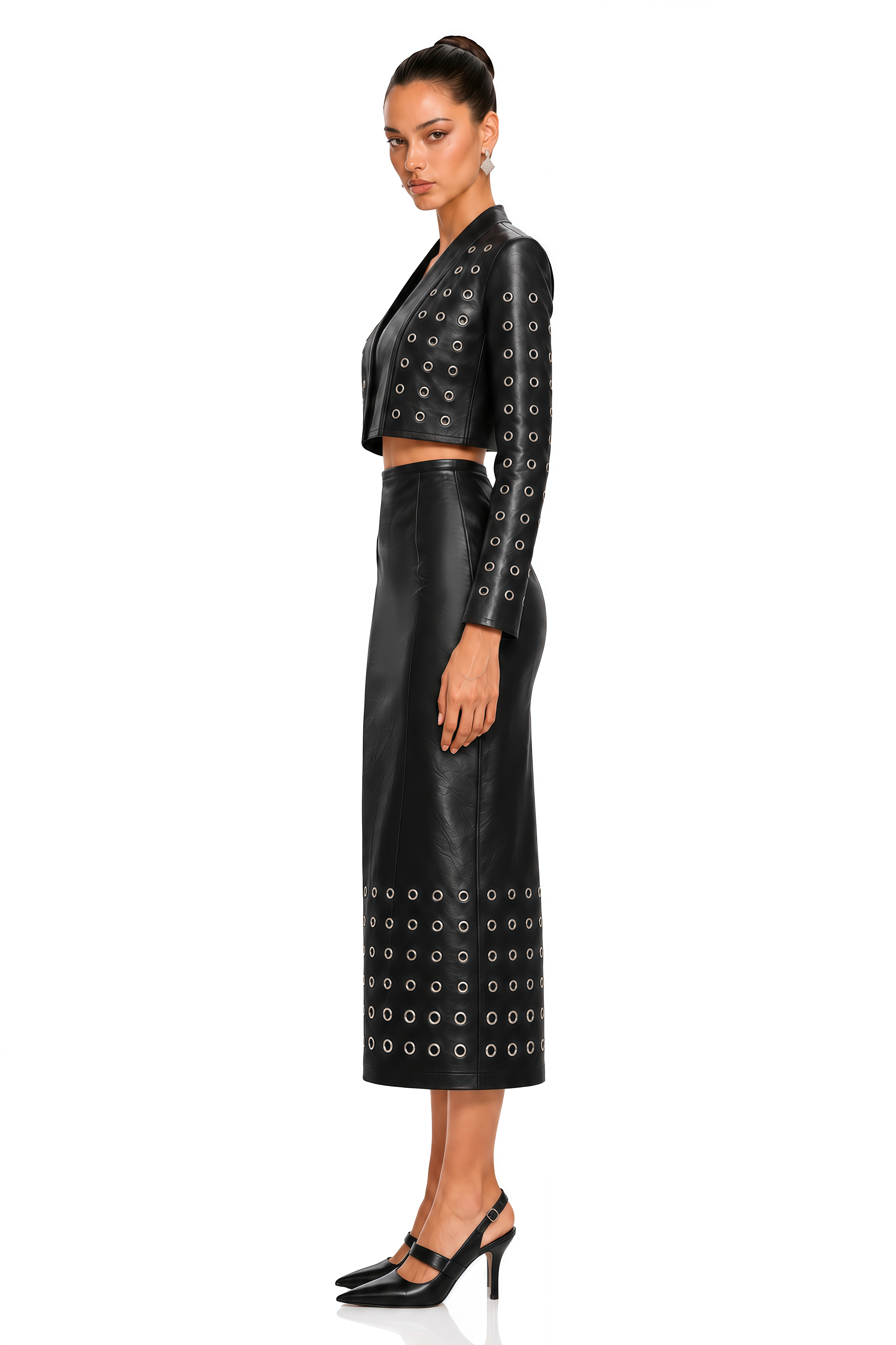 Valeria Black Grommet Cropped Top & Midi Skirt Set