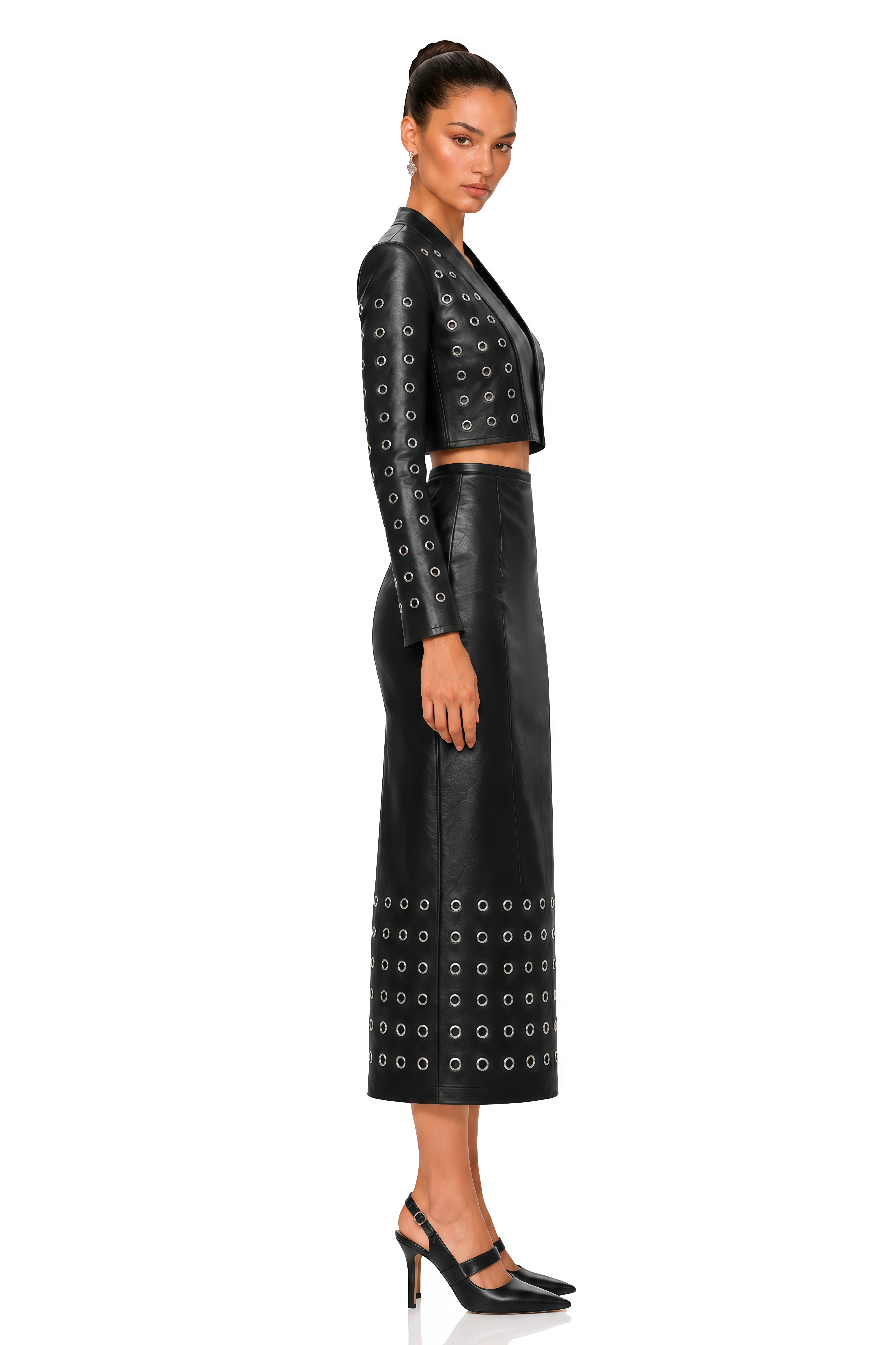 Valeria Black Grommet Cropped Top & Midi Skirt Set