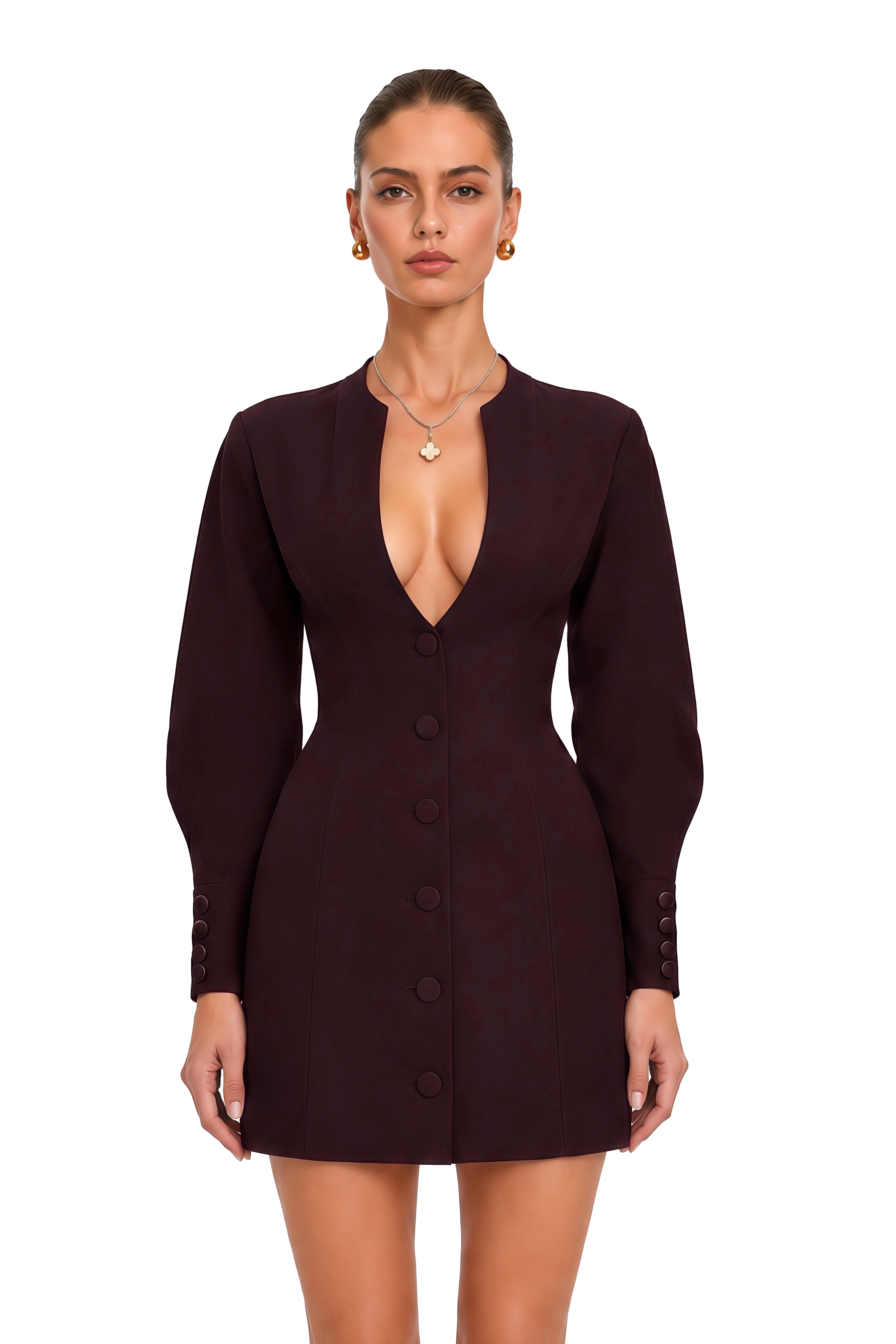 Valeria Burgundy Deep-V Buttoned Mini Dress
