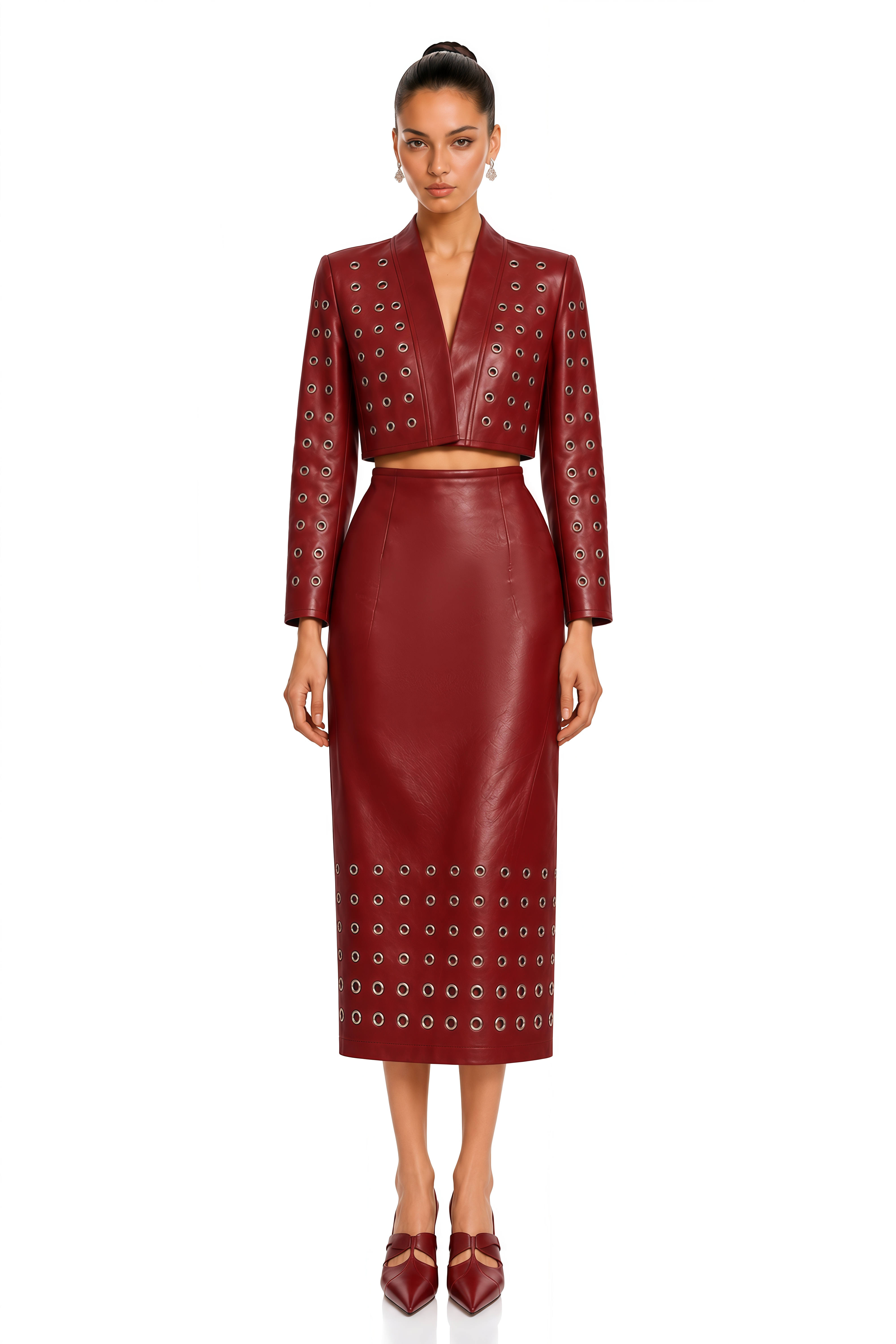 Valeria Burgundy Grommet Cropped Top & Midi Skirt Set