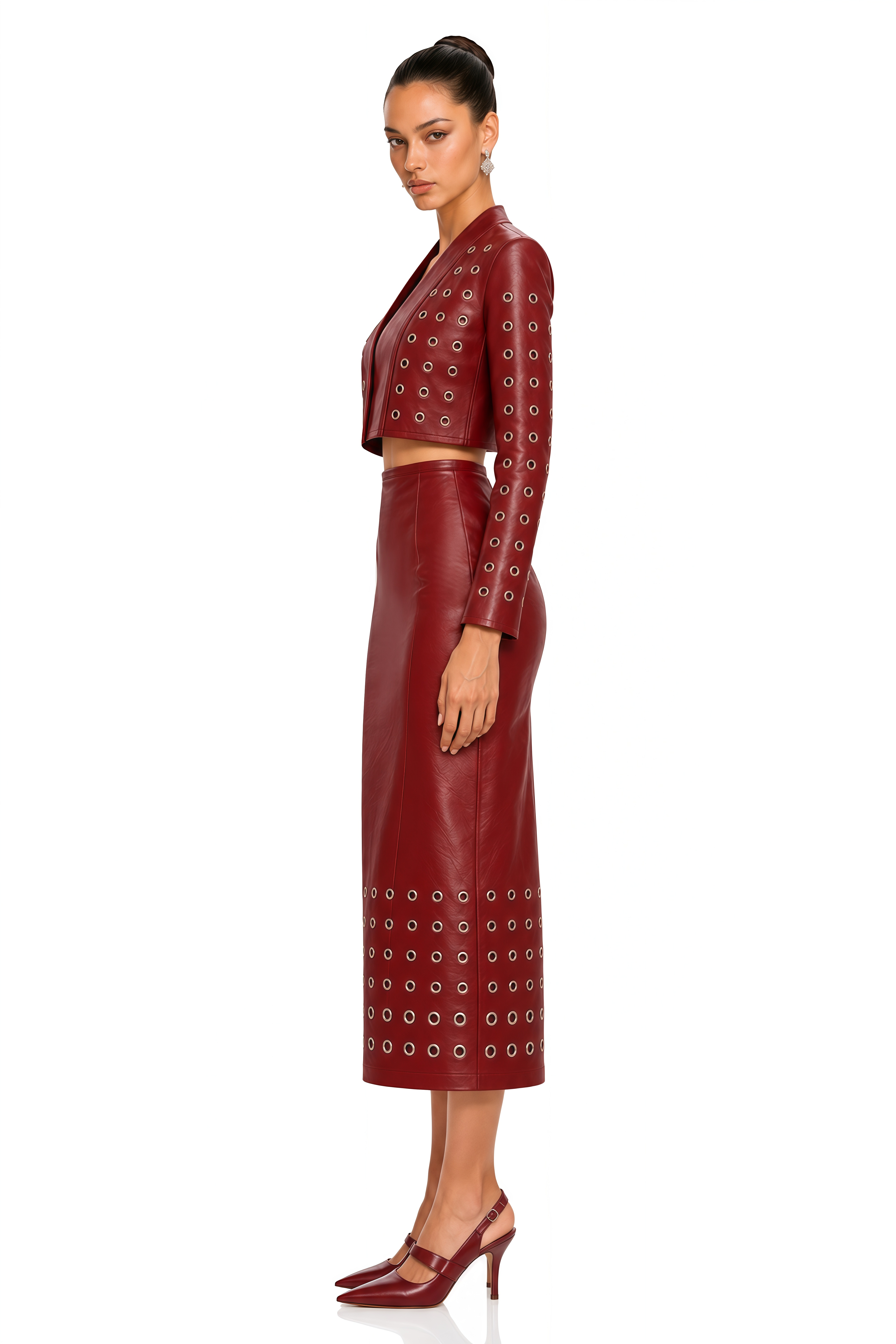 Valeria Burgundy Grommet Cropped Top & Midi Skirt Set