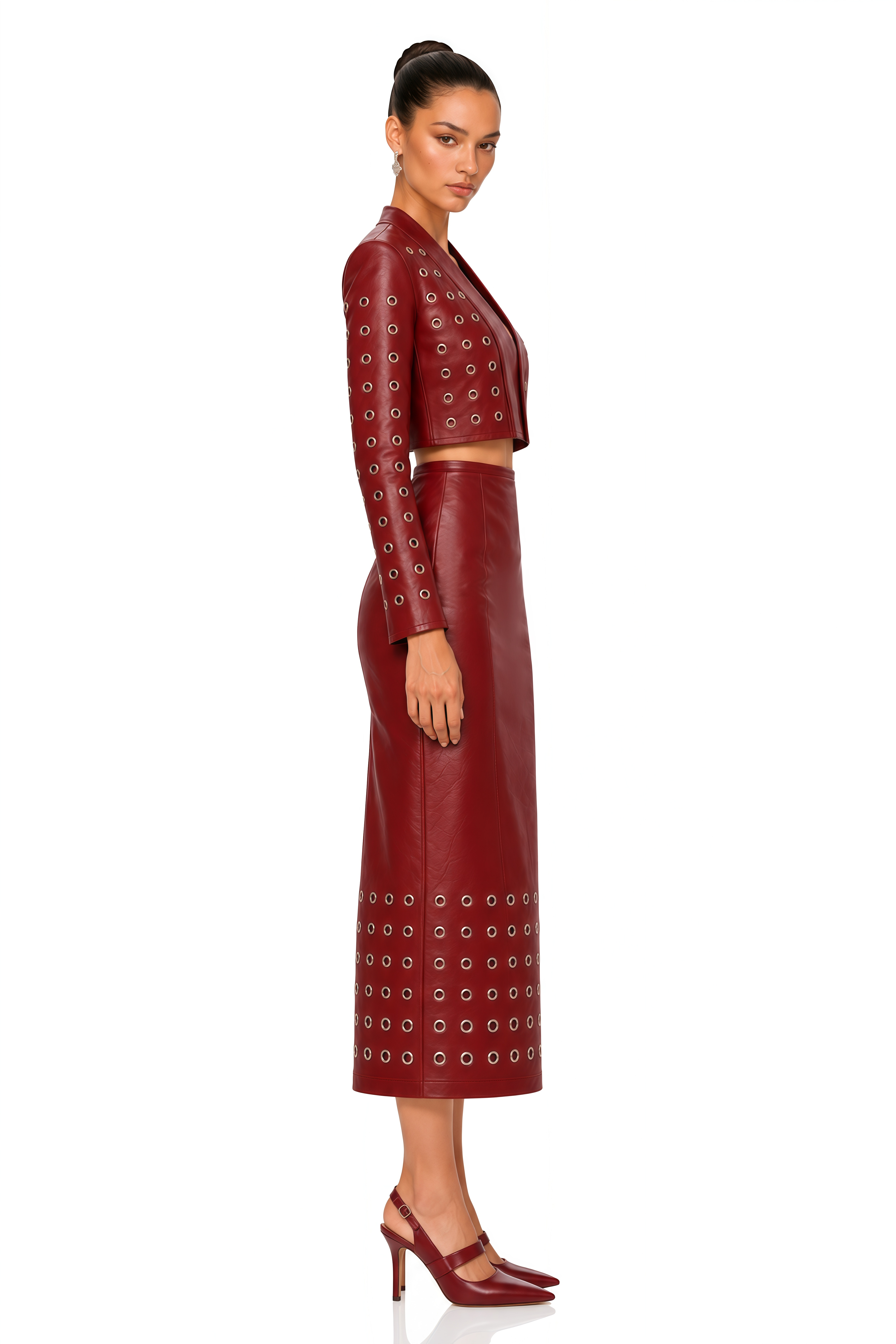 Valeria Burgundy Grommet Cropped Top & Midi Skirt Set