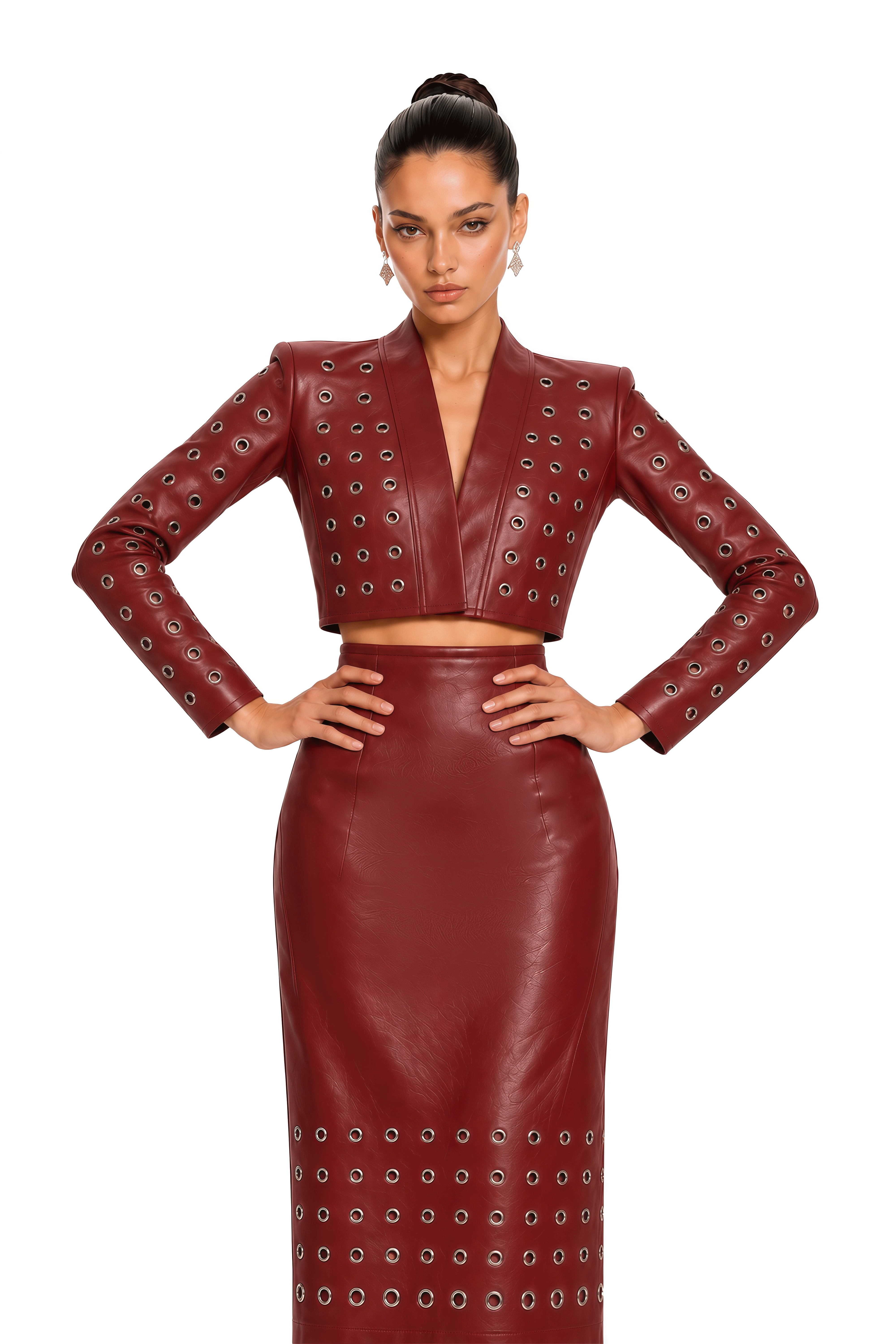 Valeria Burgundy Grommet Cropped Top & Midi Skirt Set
