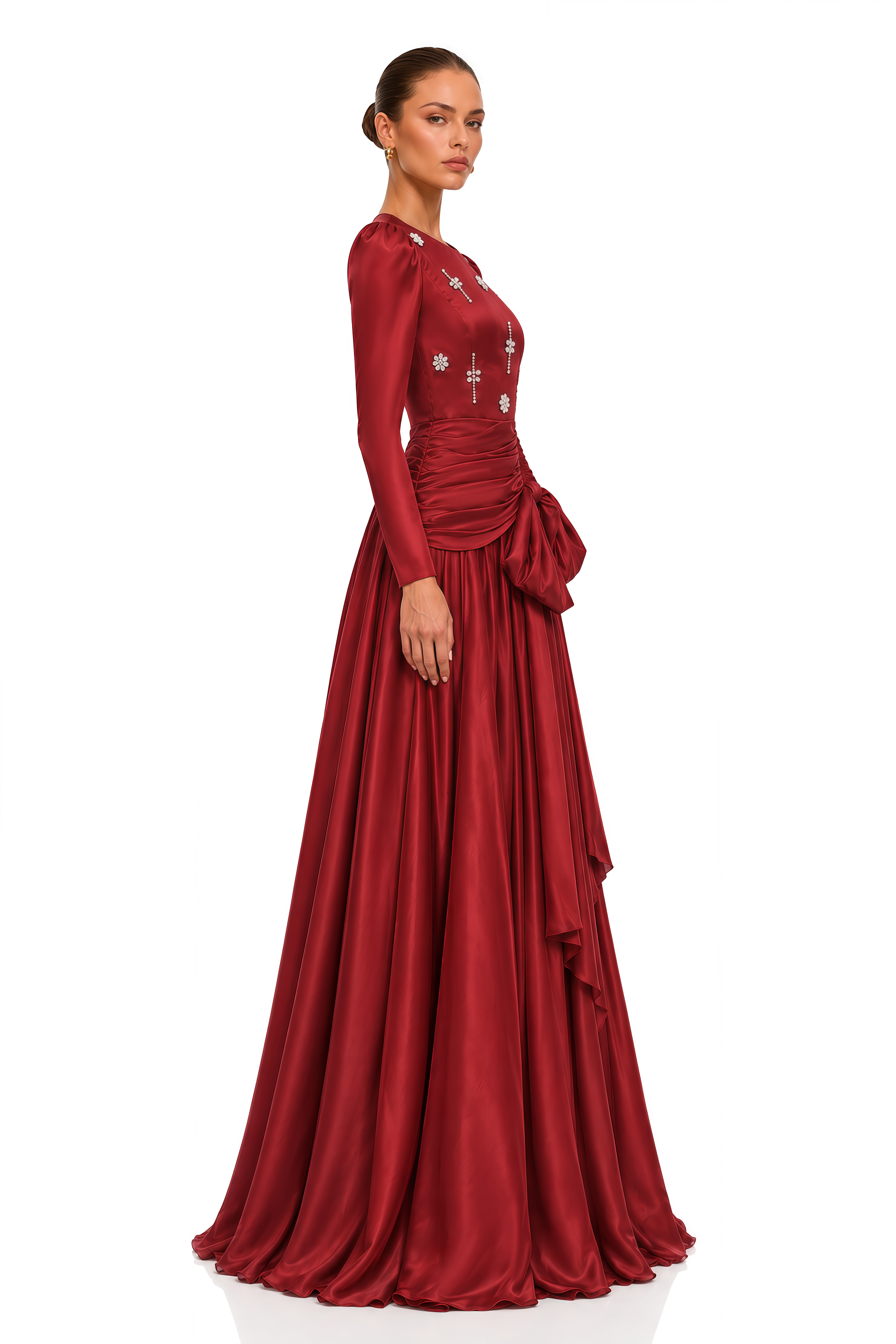 Valeria Ruby Red Embellished Bow Ruched Maxi Dress