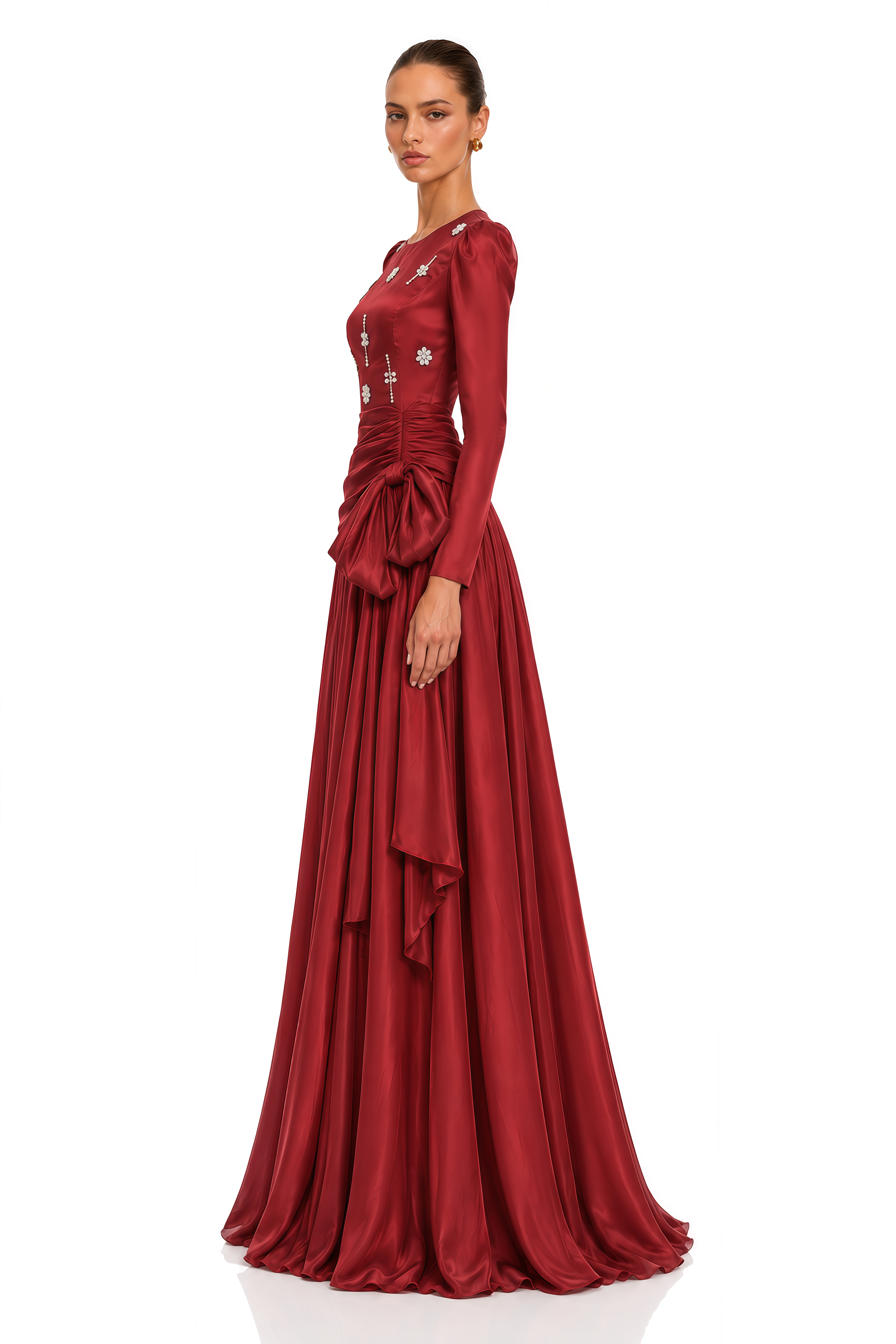 Valeria Ruby Red Embellished Bow Ruched Maxi Dress