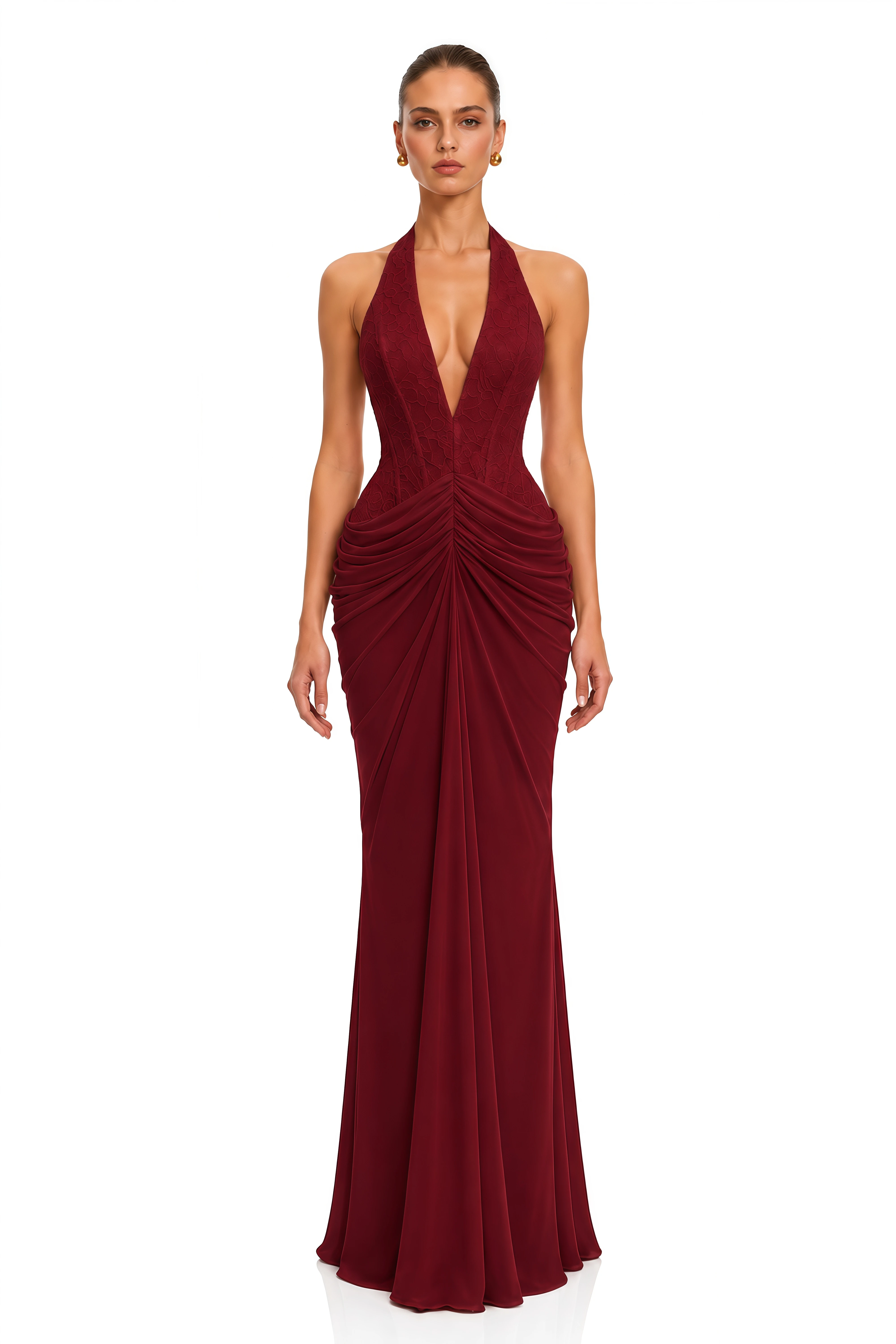 Verena Burgundy Plunge Halterneck Lace Ruched Maxi Dress