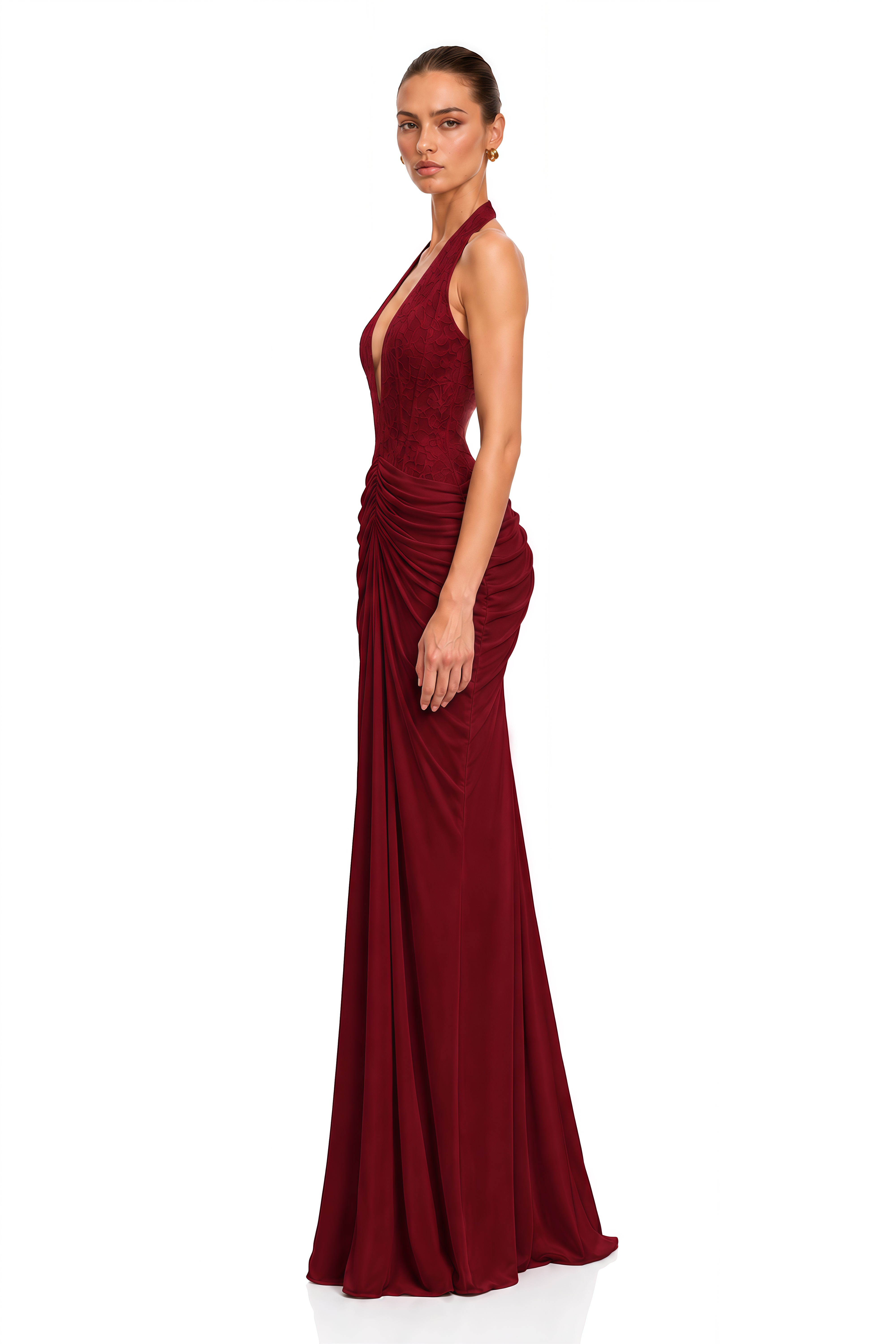 Verena Burgundy Plunge Halterneck Lace Ruched Maxi Dress