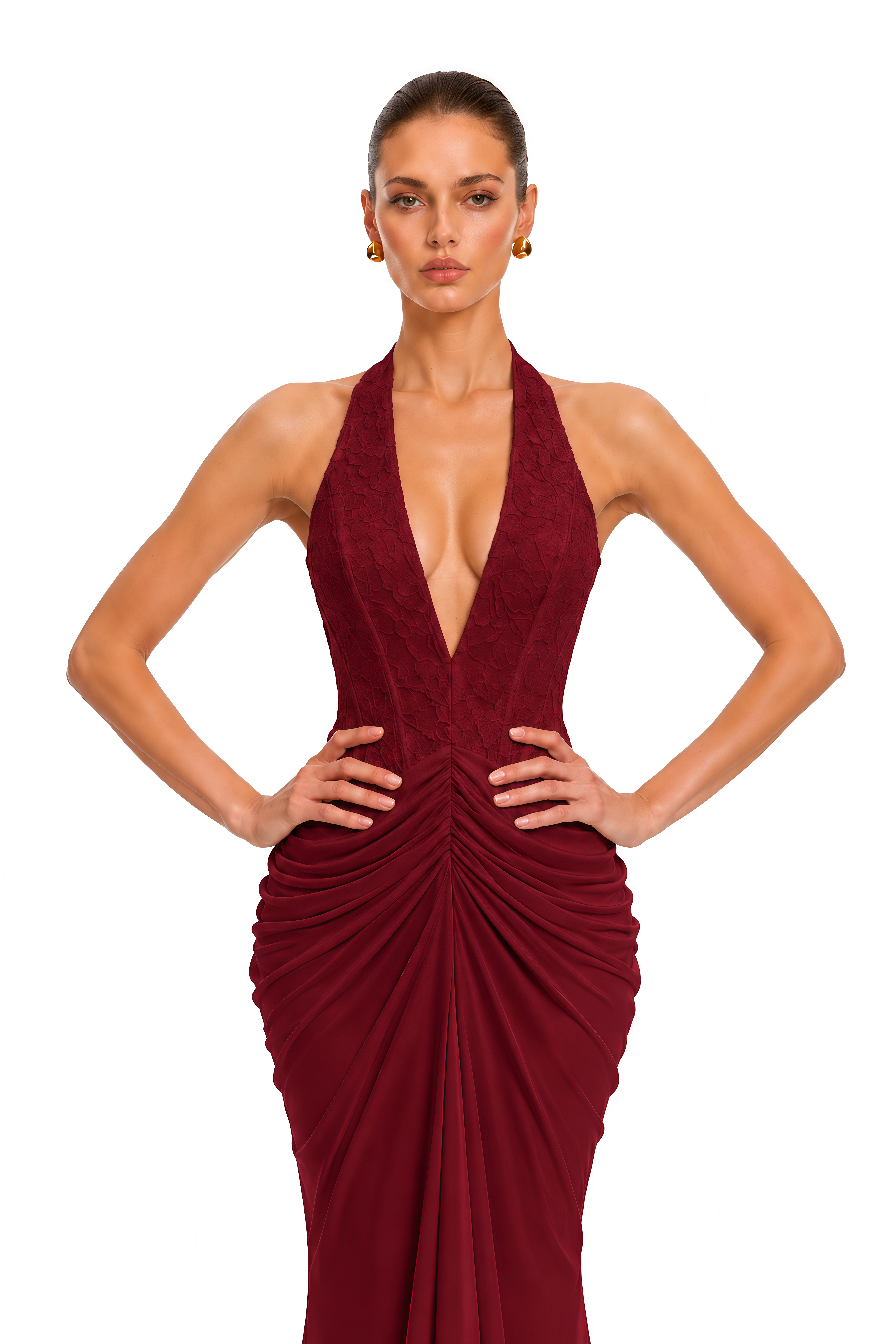 Verena Burgundy Plunge Halterneck Lace Ruched Maxi Dress