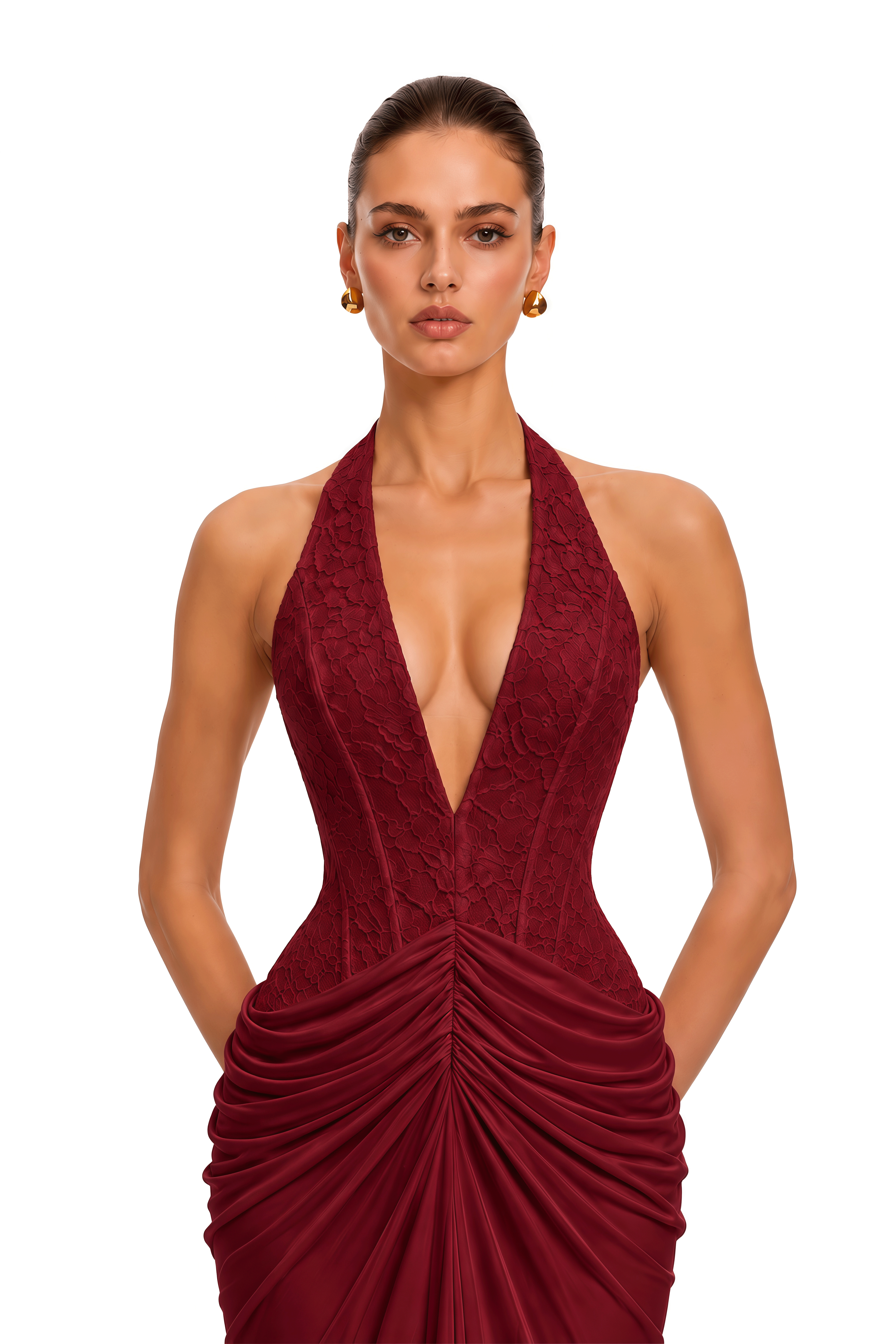 Verena Burgundy Plunge Halterneck Lace Ruched Maxi Dress