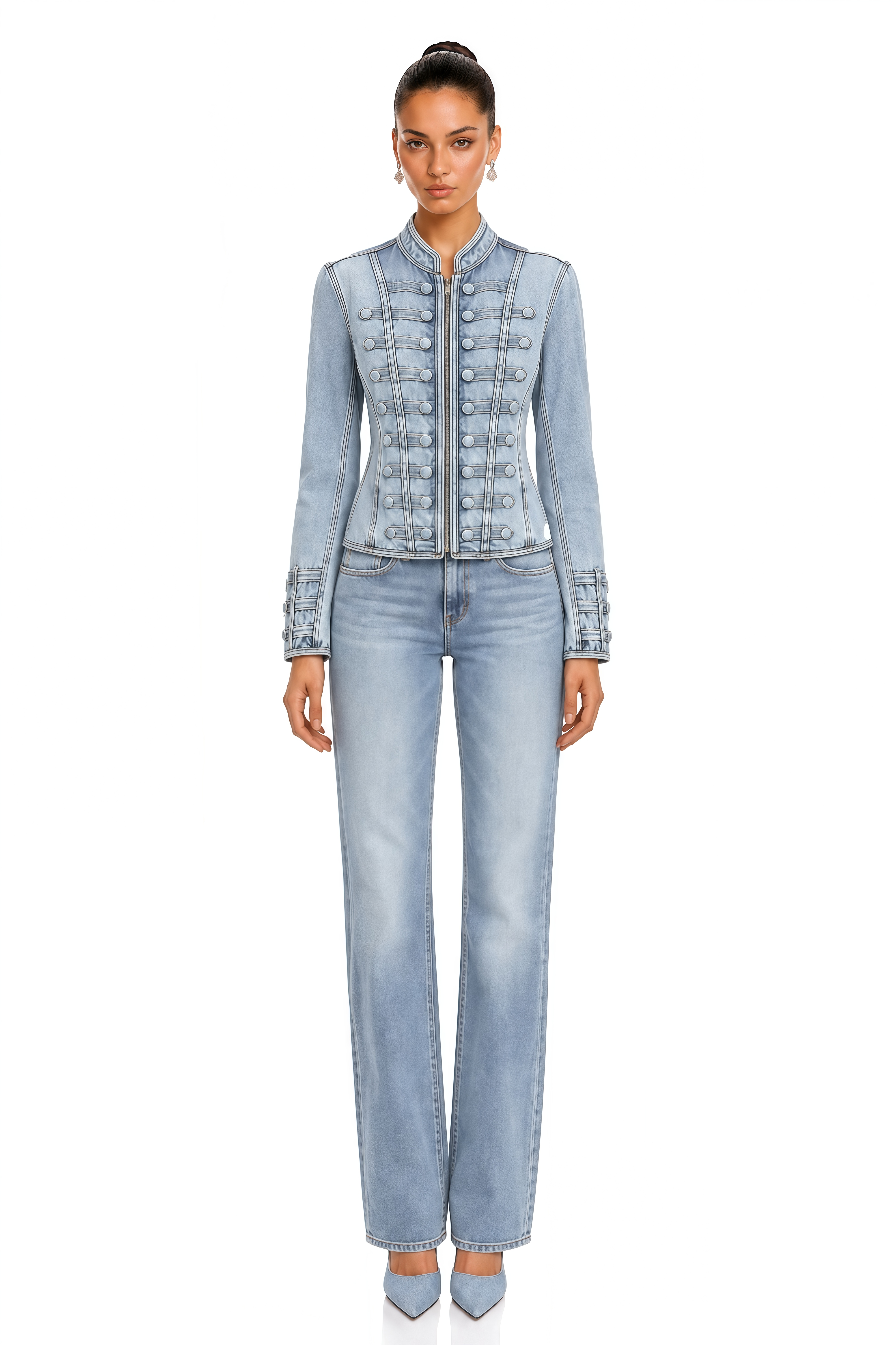 Vespera Blue Button Detail Cropped Denim Jacket