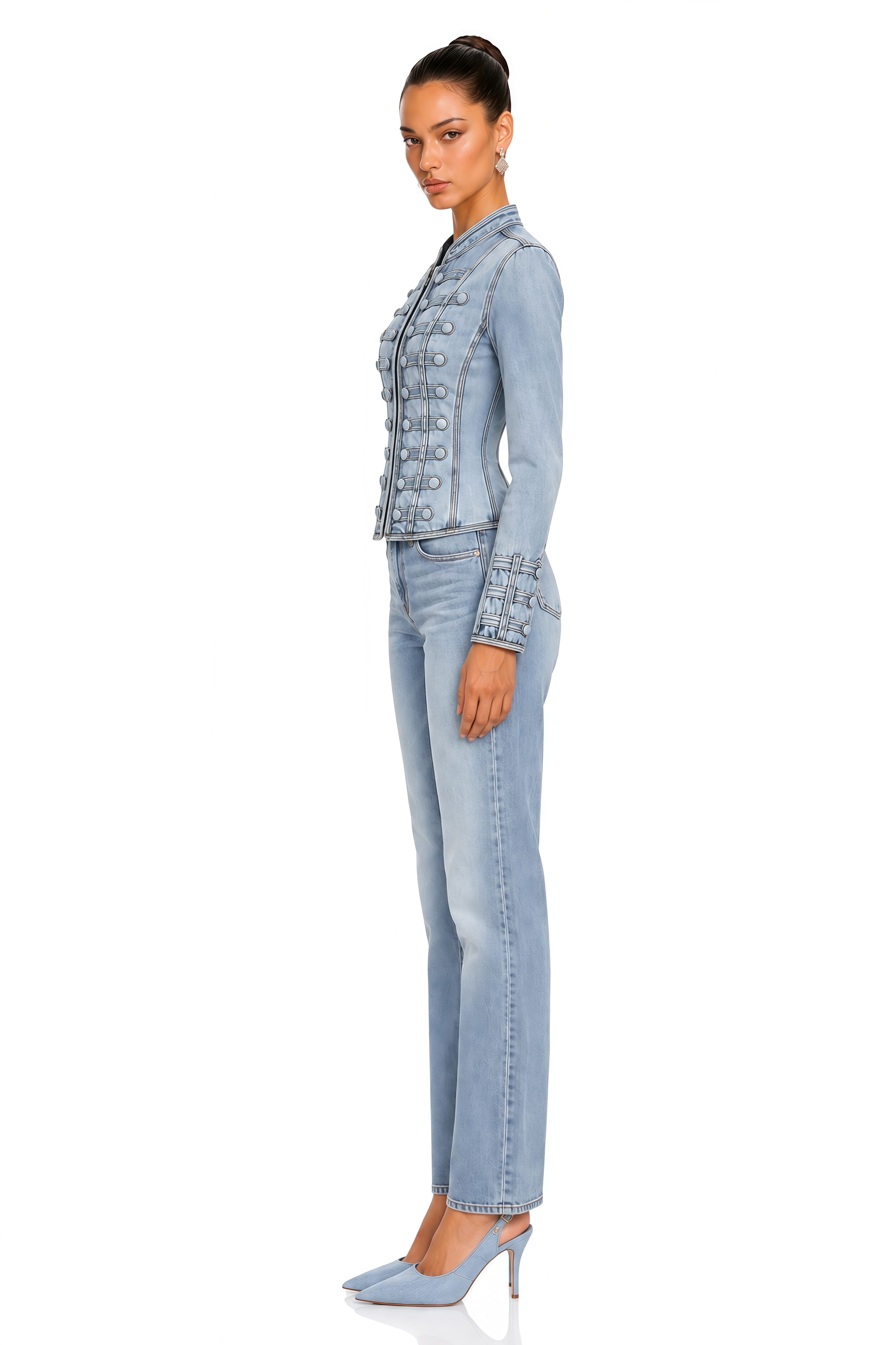 Vespera Blue Button Detail Cropped Denim Jacket