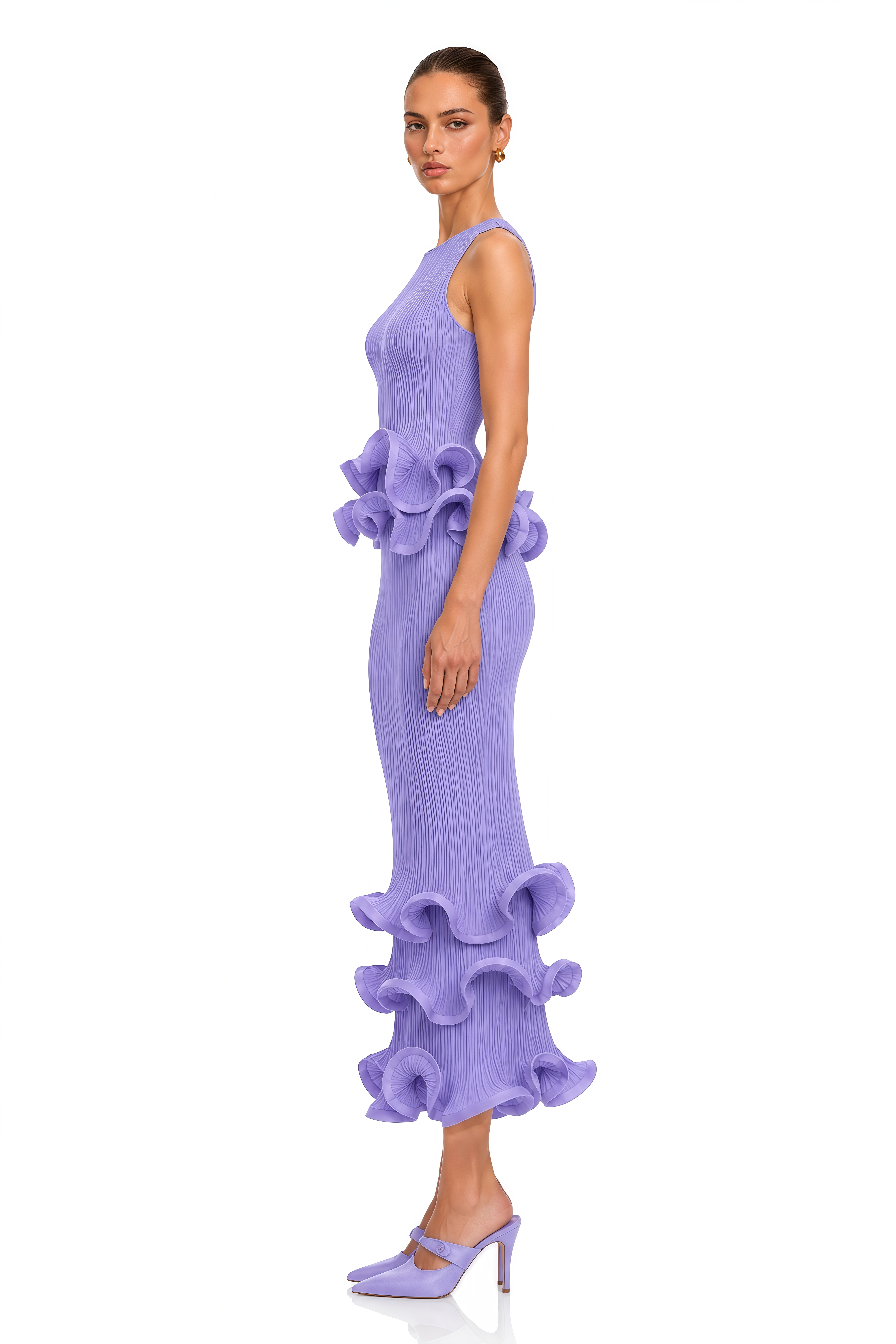 Vianne Lavender Sculptural Ruffle Top & Pleated Skirt Set