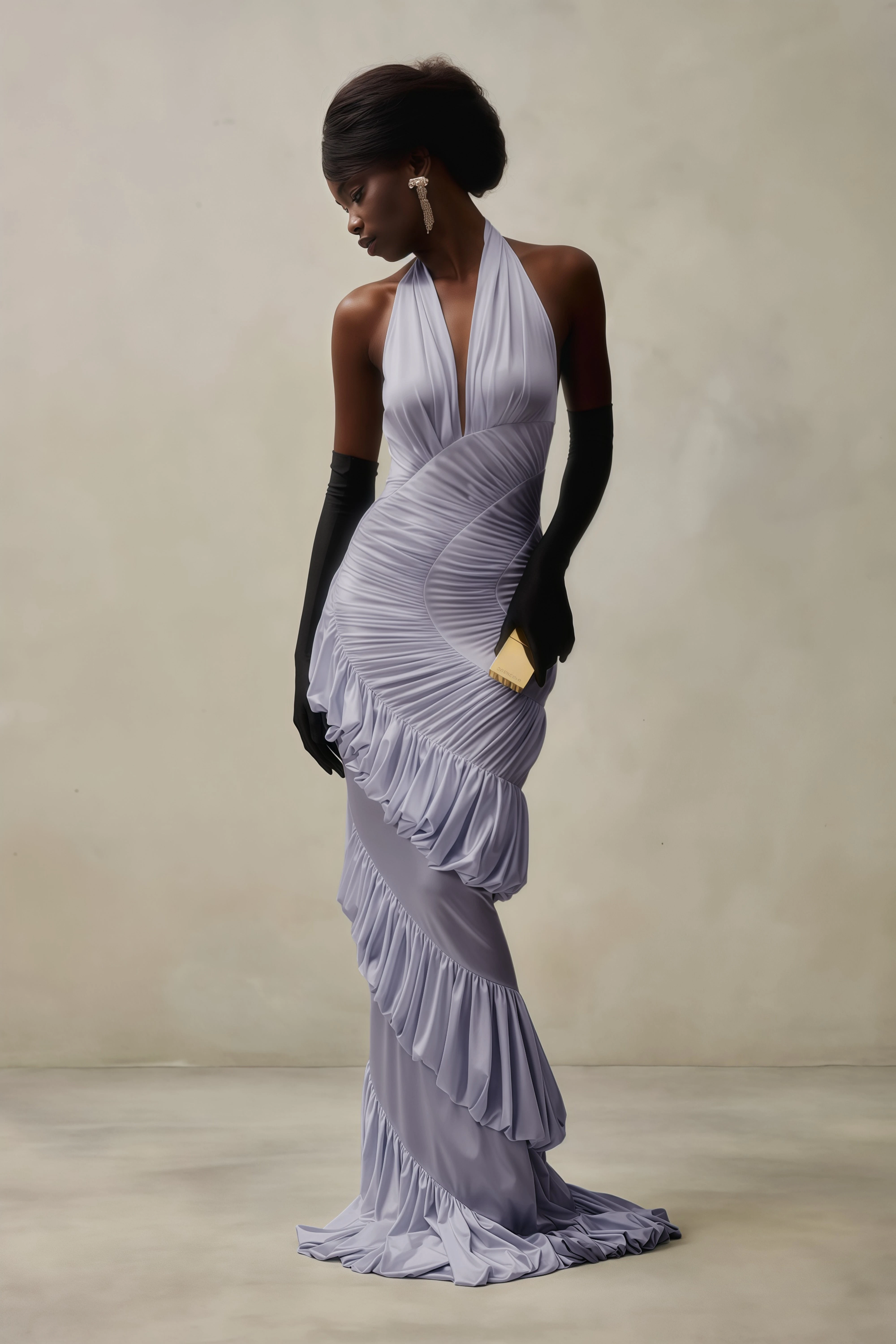 Lavender halter neck gown with spiral ruffles and ruched detailing