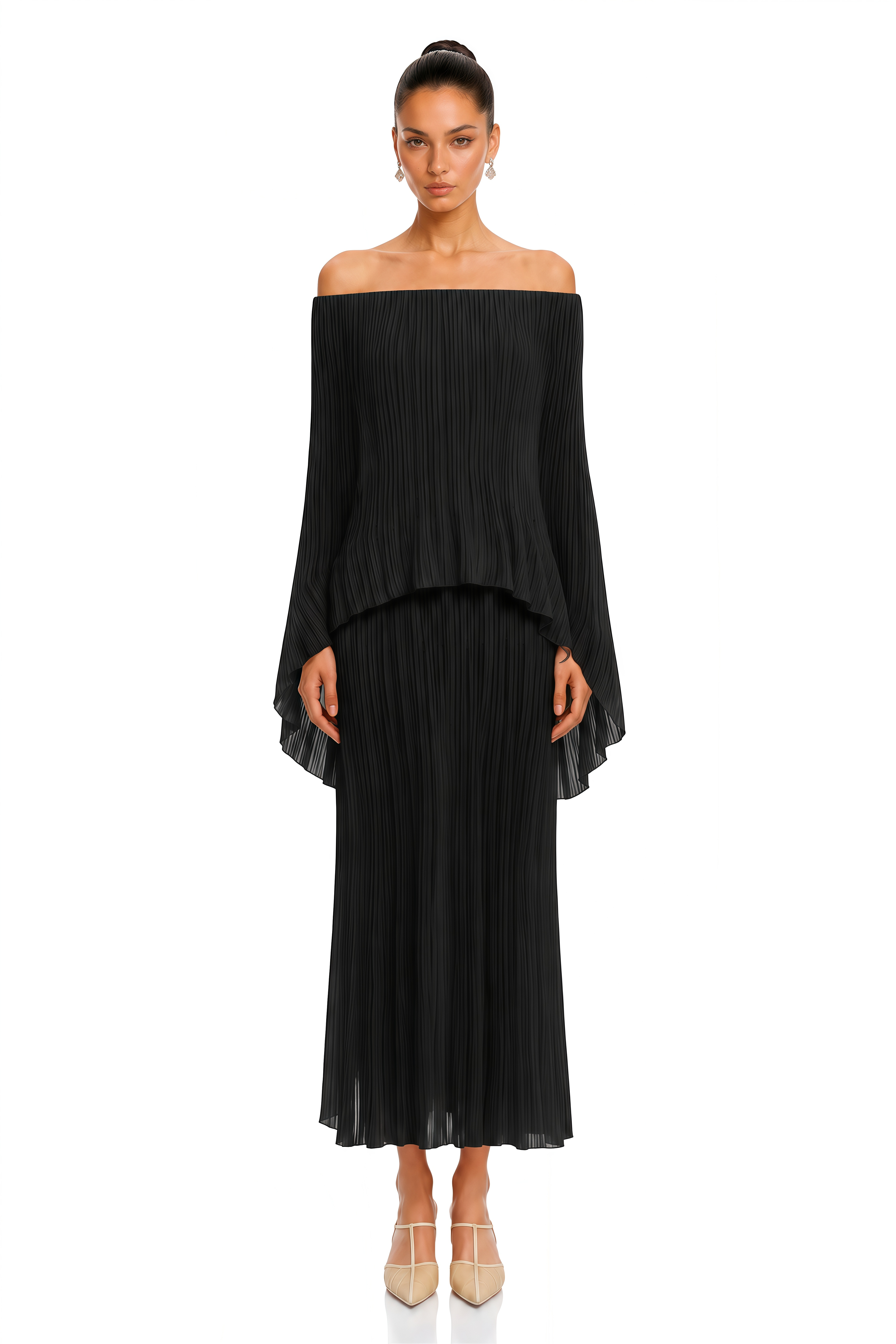 Virelai Black Off Shoulder Pleated Maxi Dress
