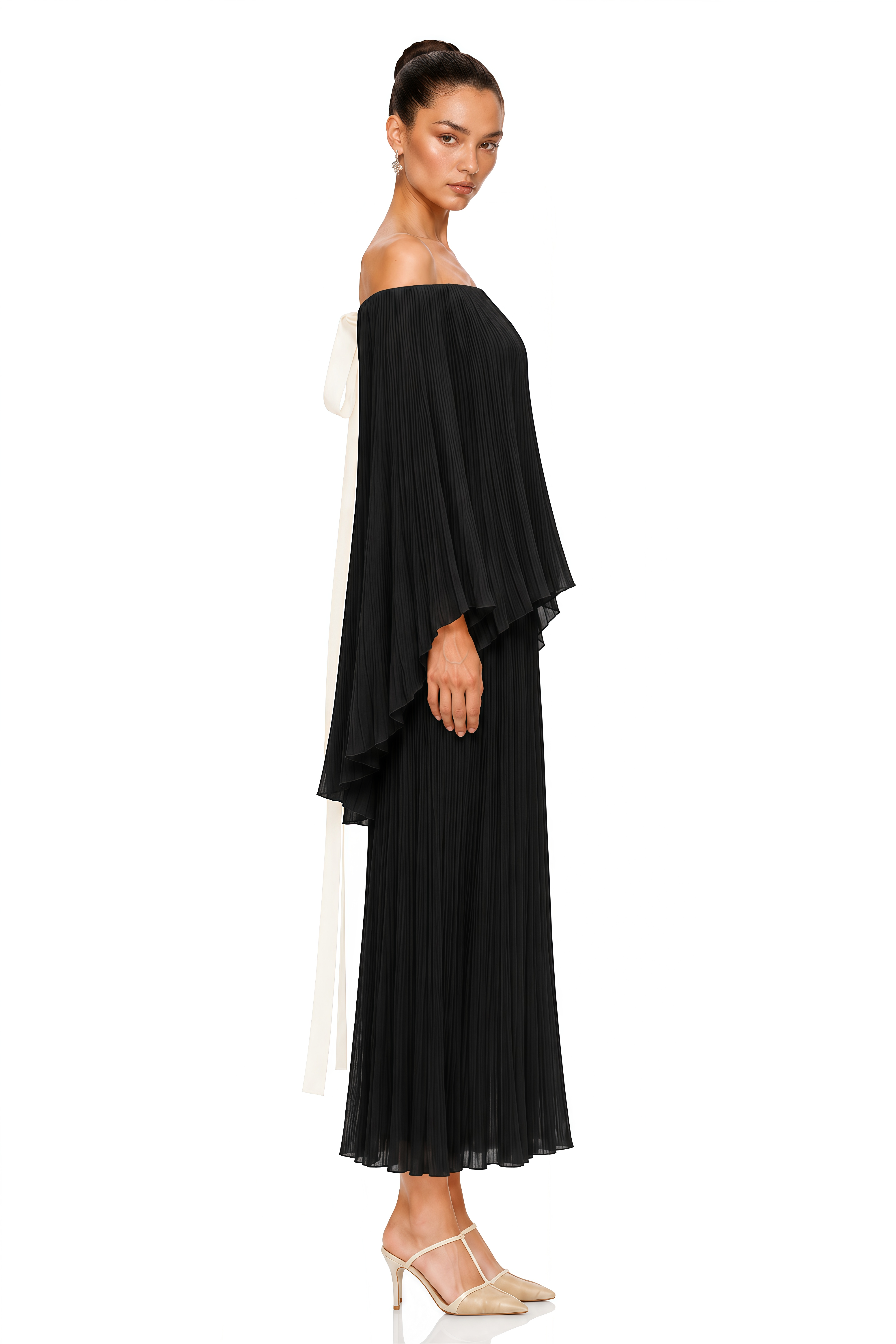 Virelai Black Off Shoulder Pleated Maxi Dress