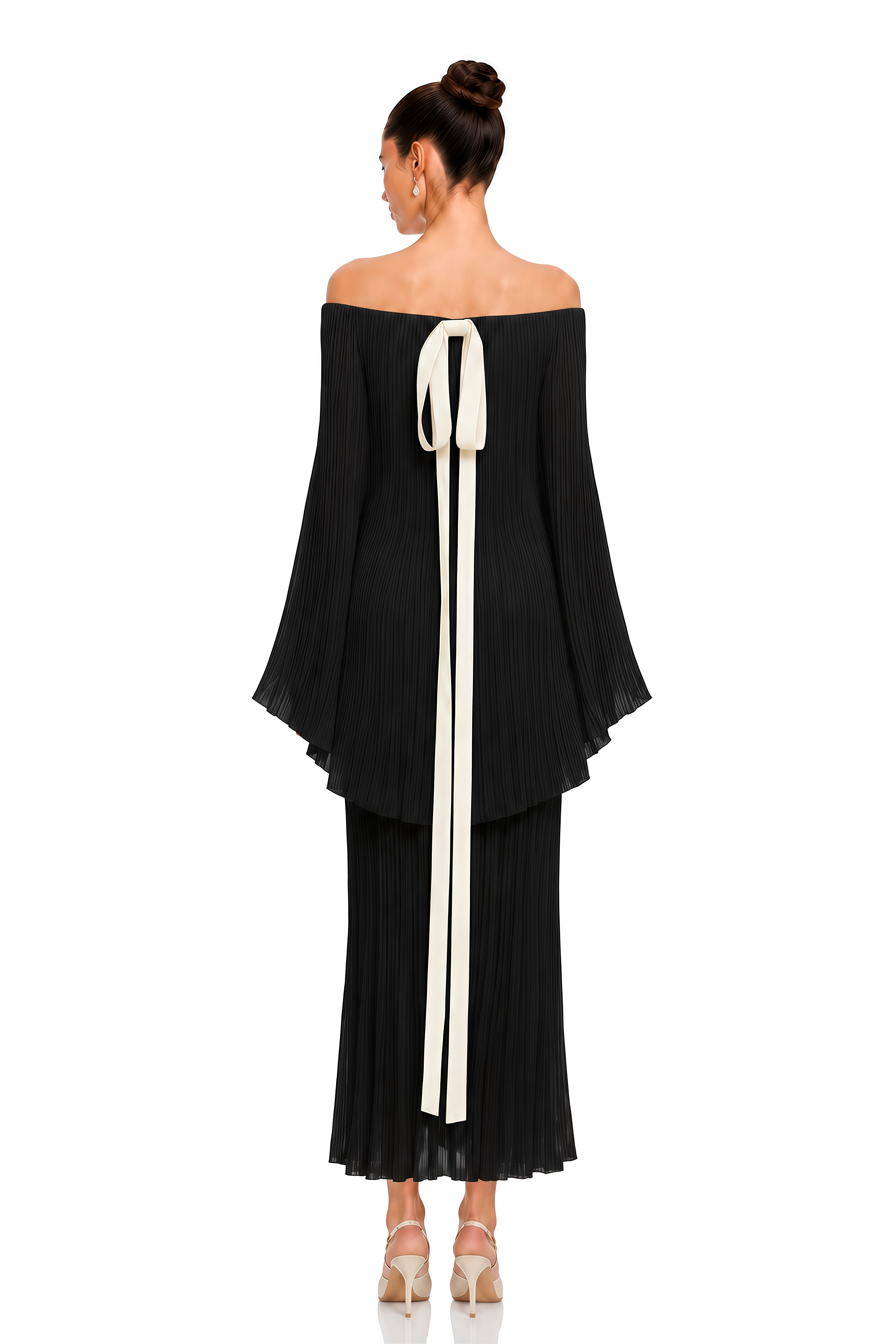 Virelai Black Off Shoulder Pleated Maxi Dress