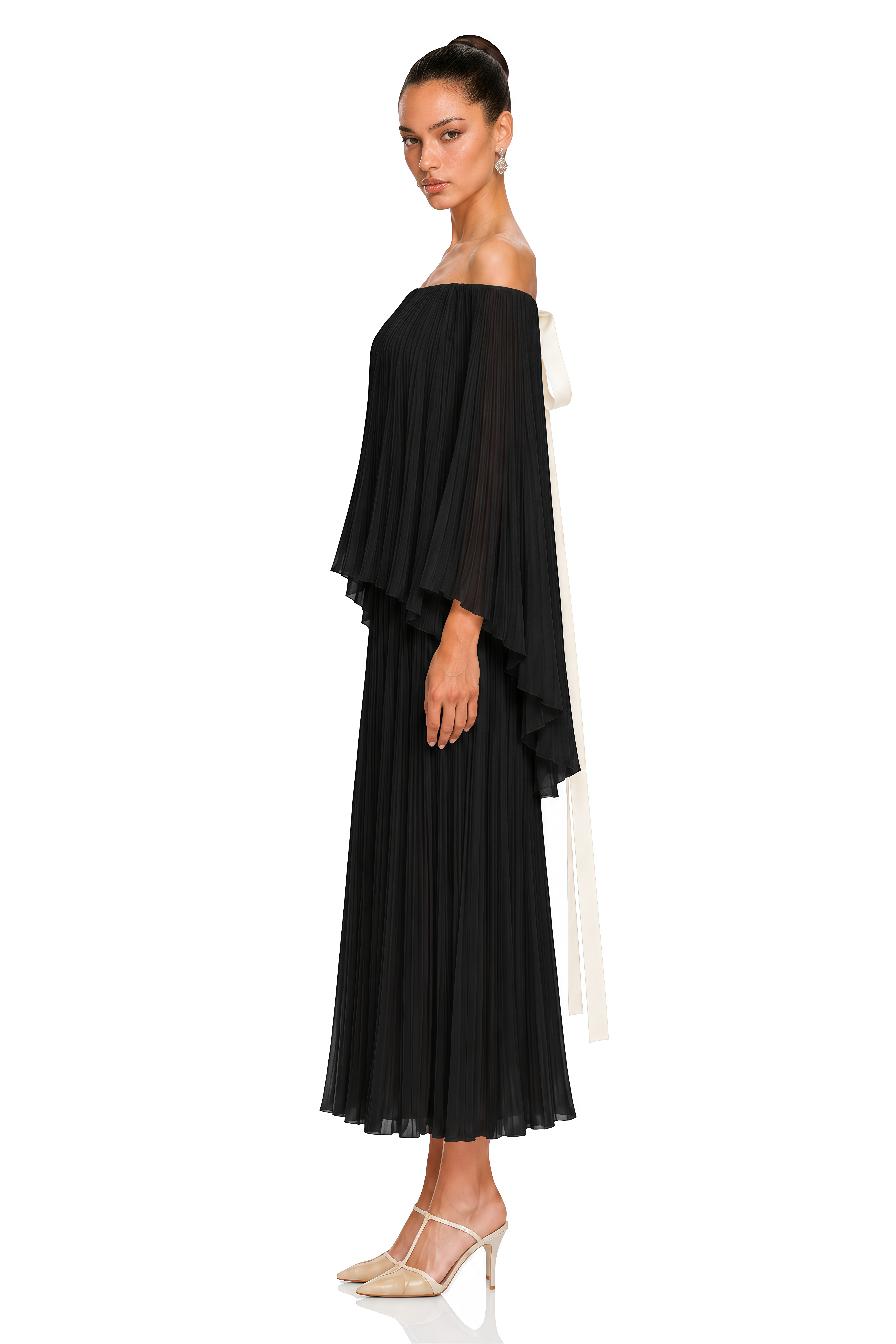 Virelai Black Off Shoulder Pleated Maxi Dress