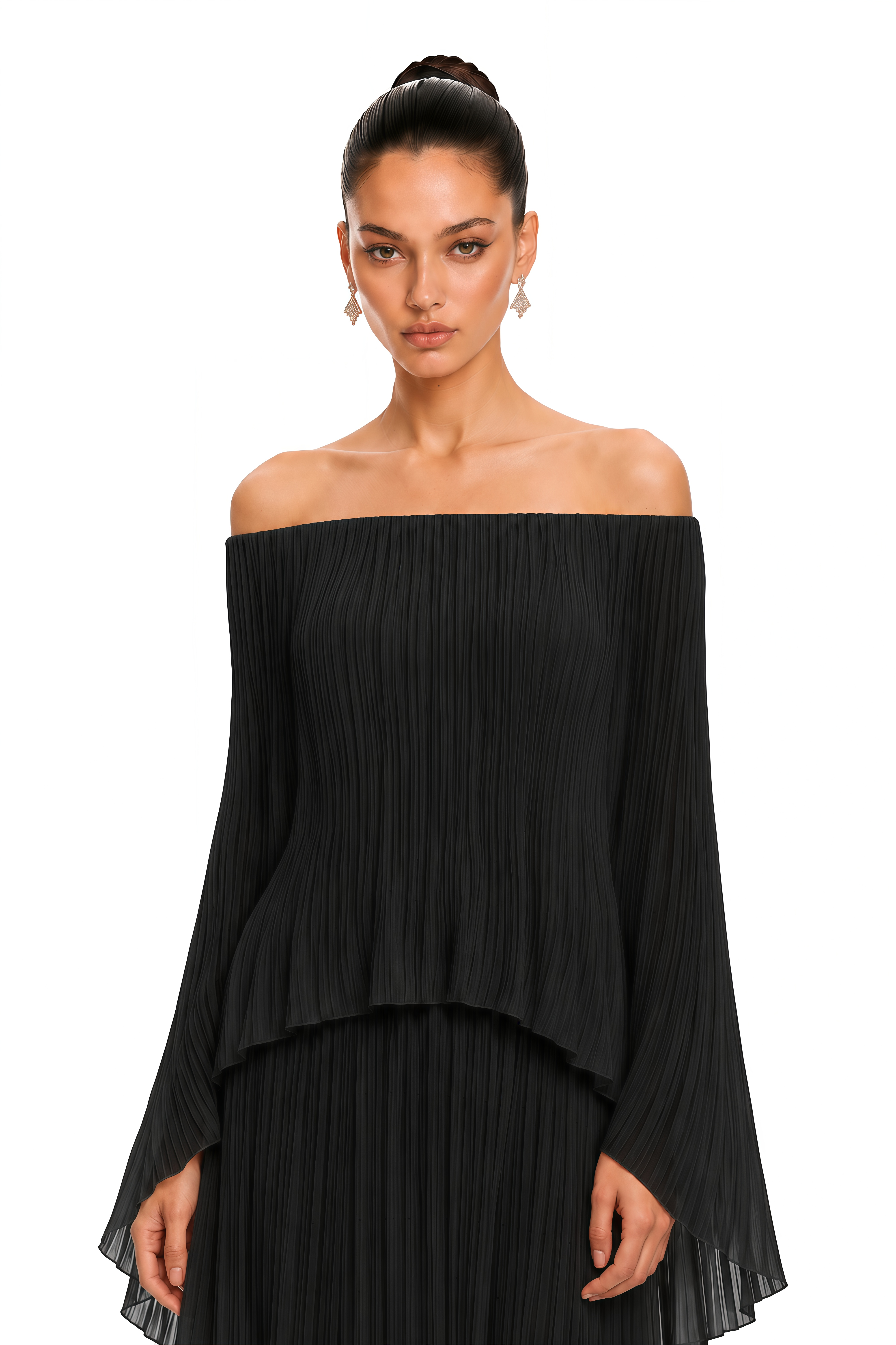 Virelai Black Off Shoulder Pleated Maxi Dress