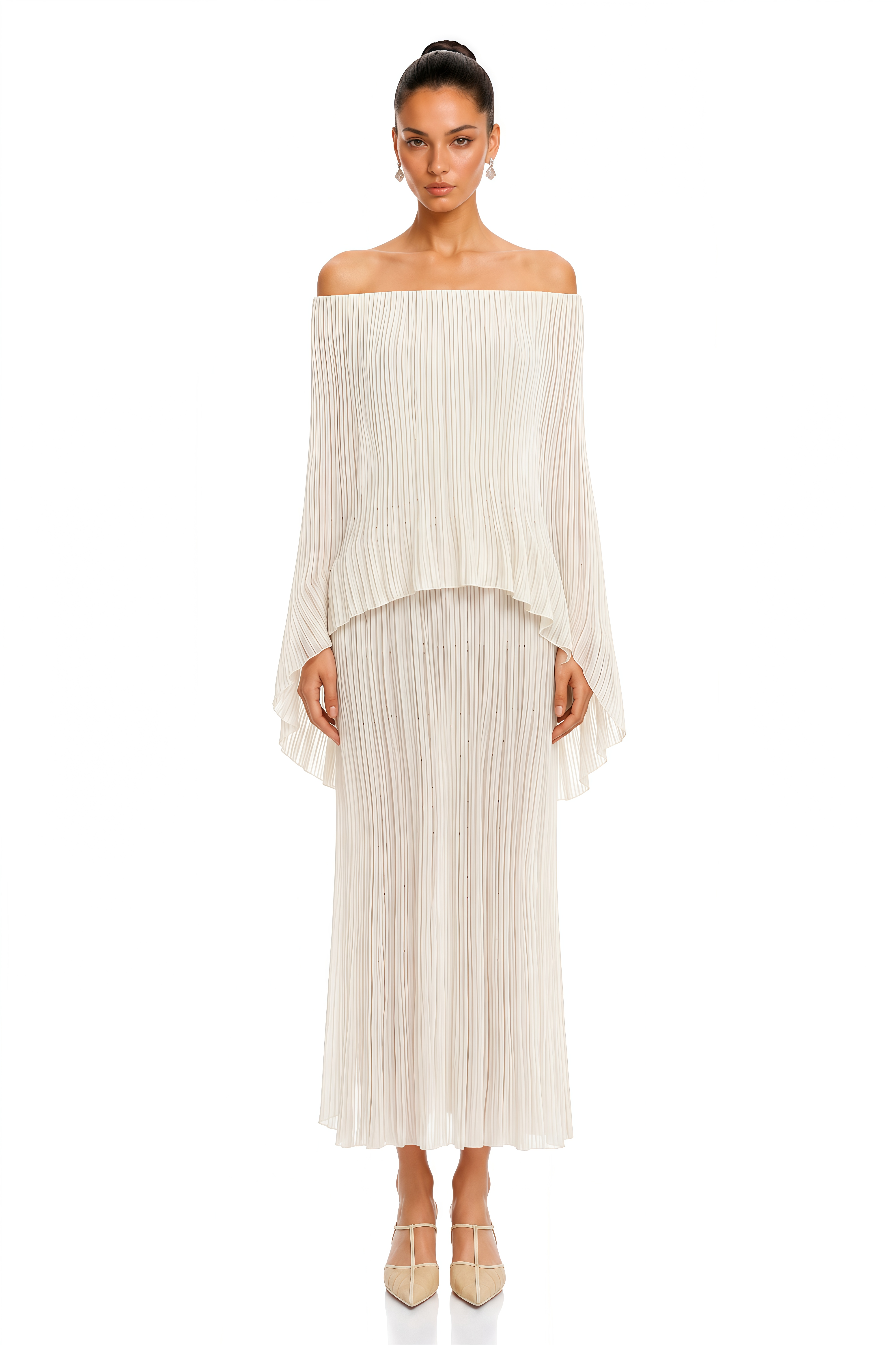 Virelai Ivory Off Shoulder Pleated Top & Maxi Skirt Set