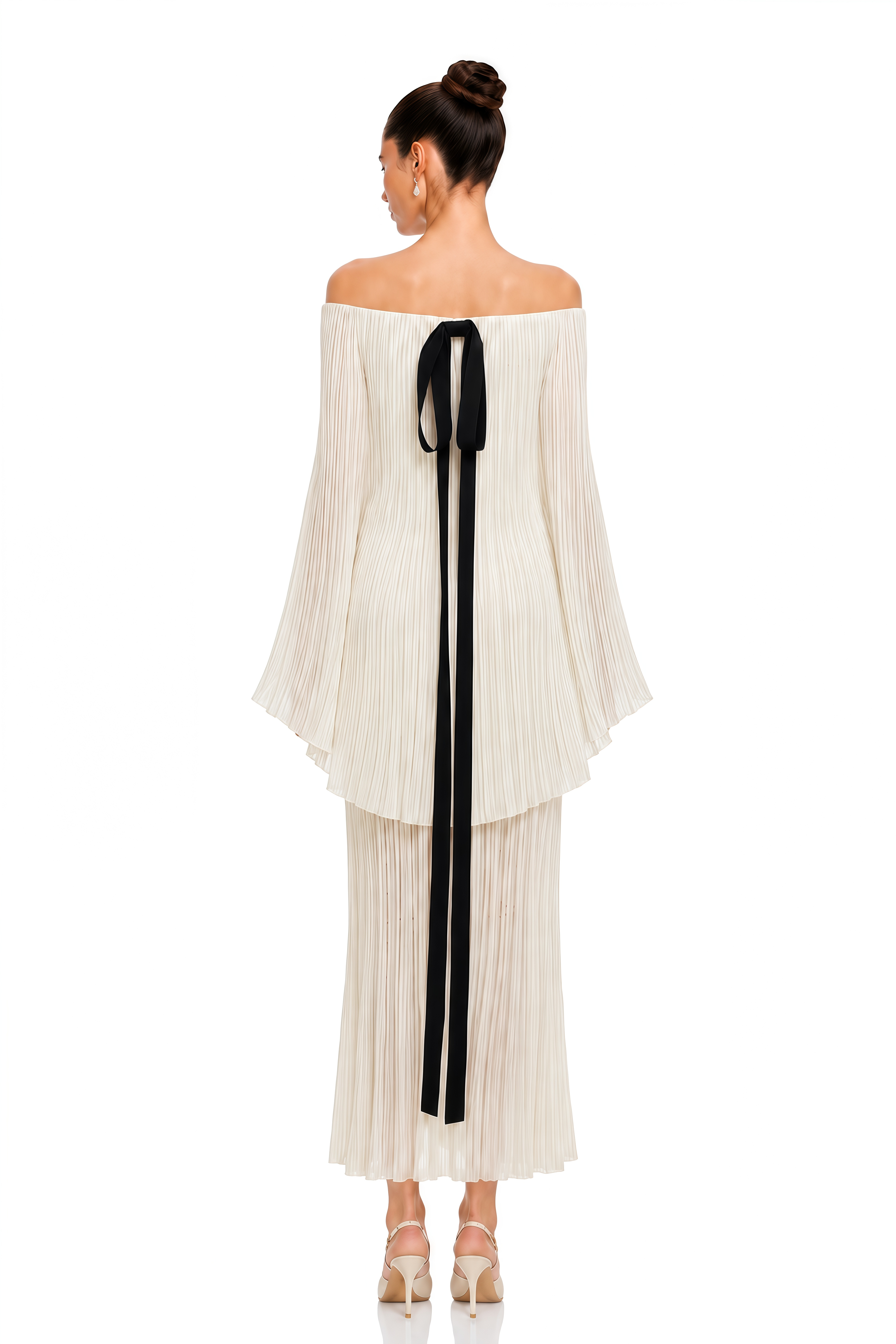 Virelai Ivory Off Shoulder Pleated Top & Maxi Skirt Set