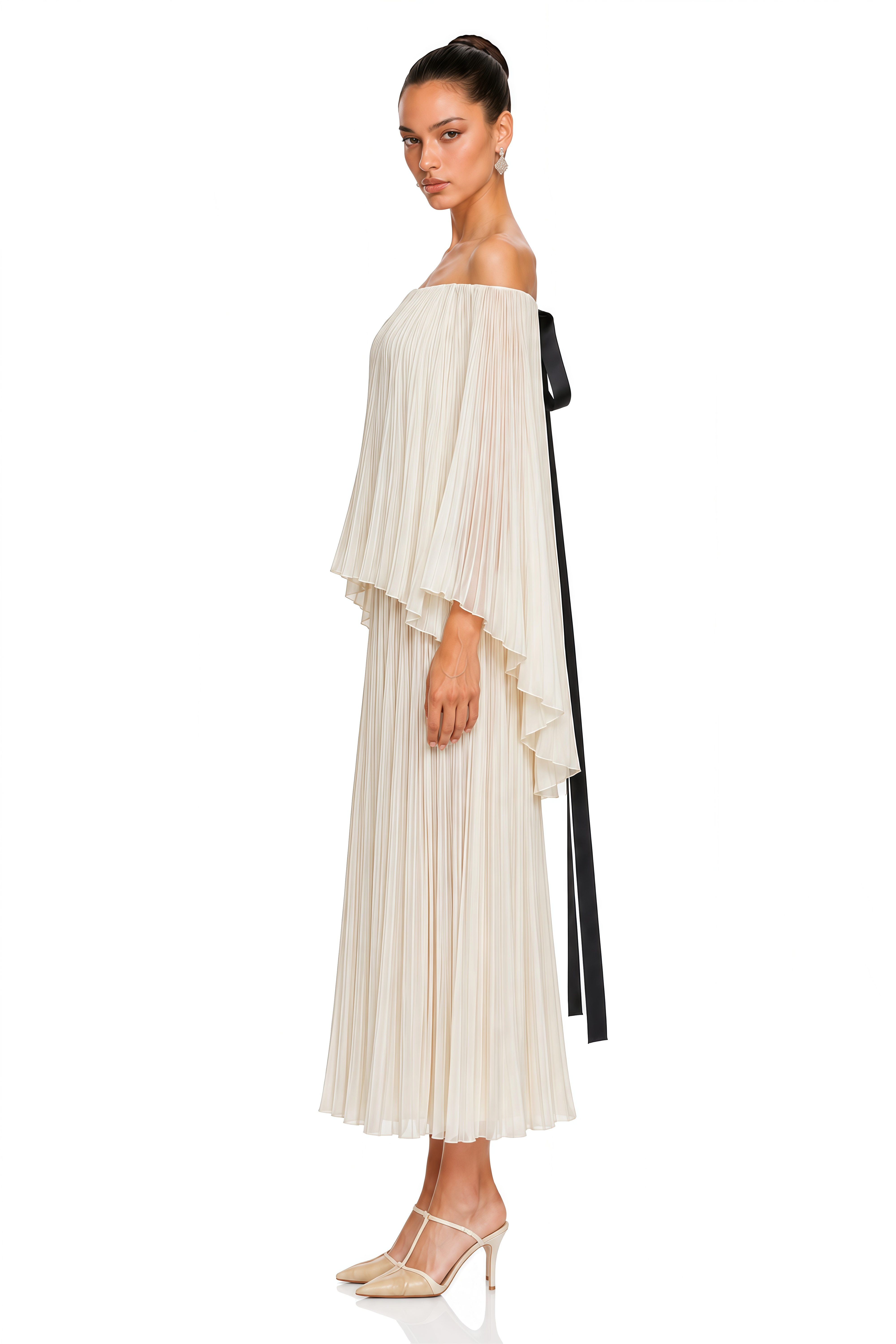 Virelai Ivory Off Shoulder Pleated Top & Maxi Skirt Set