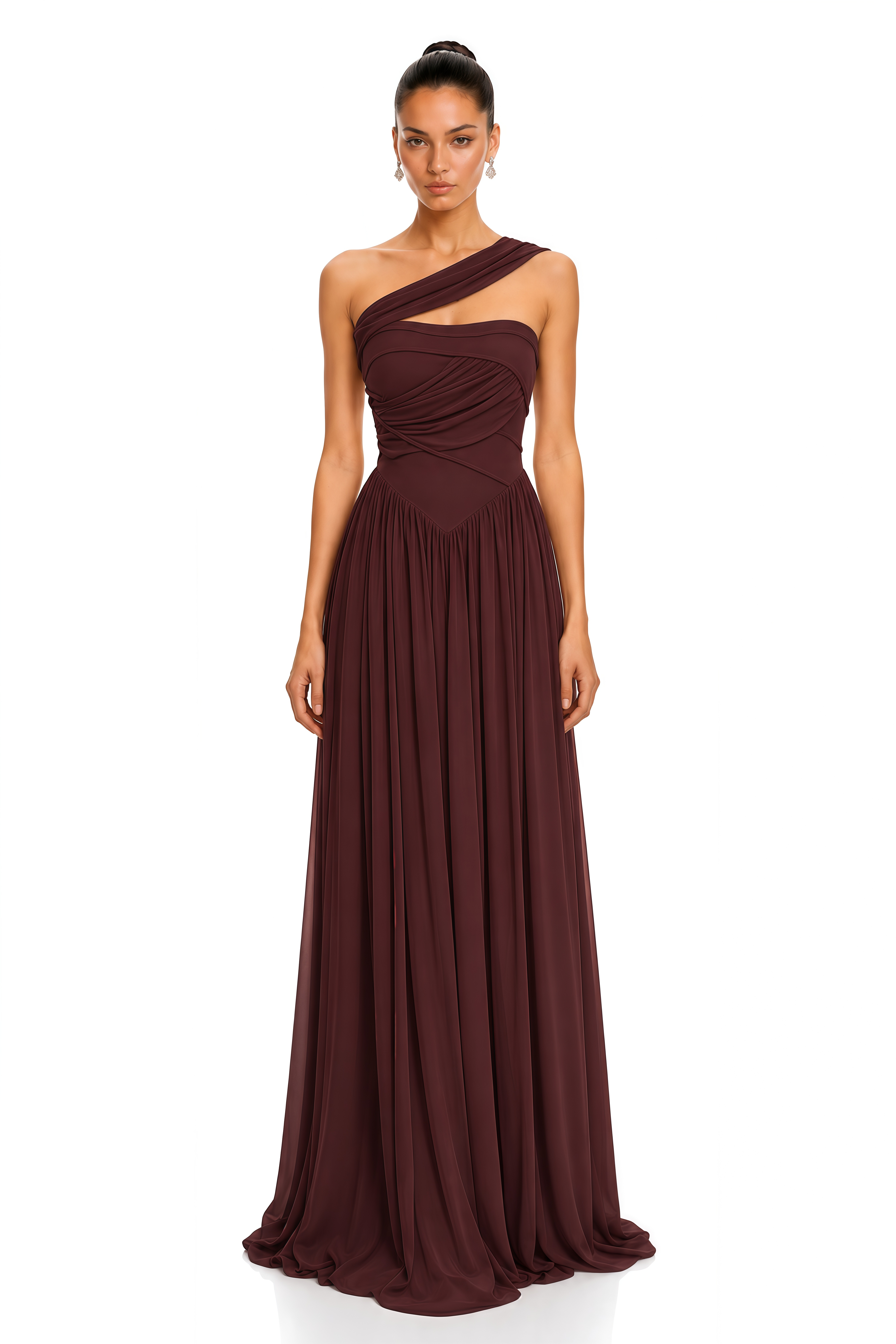 Virelle Brown One Shoulder Draped Corset Maxi Dress