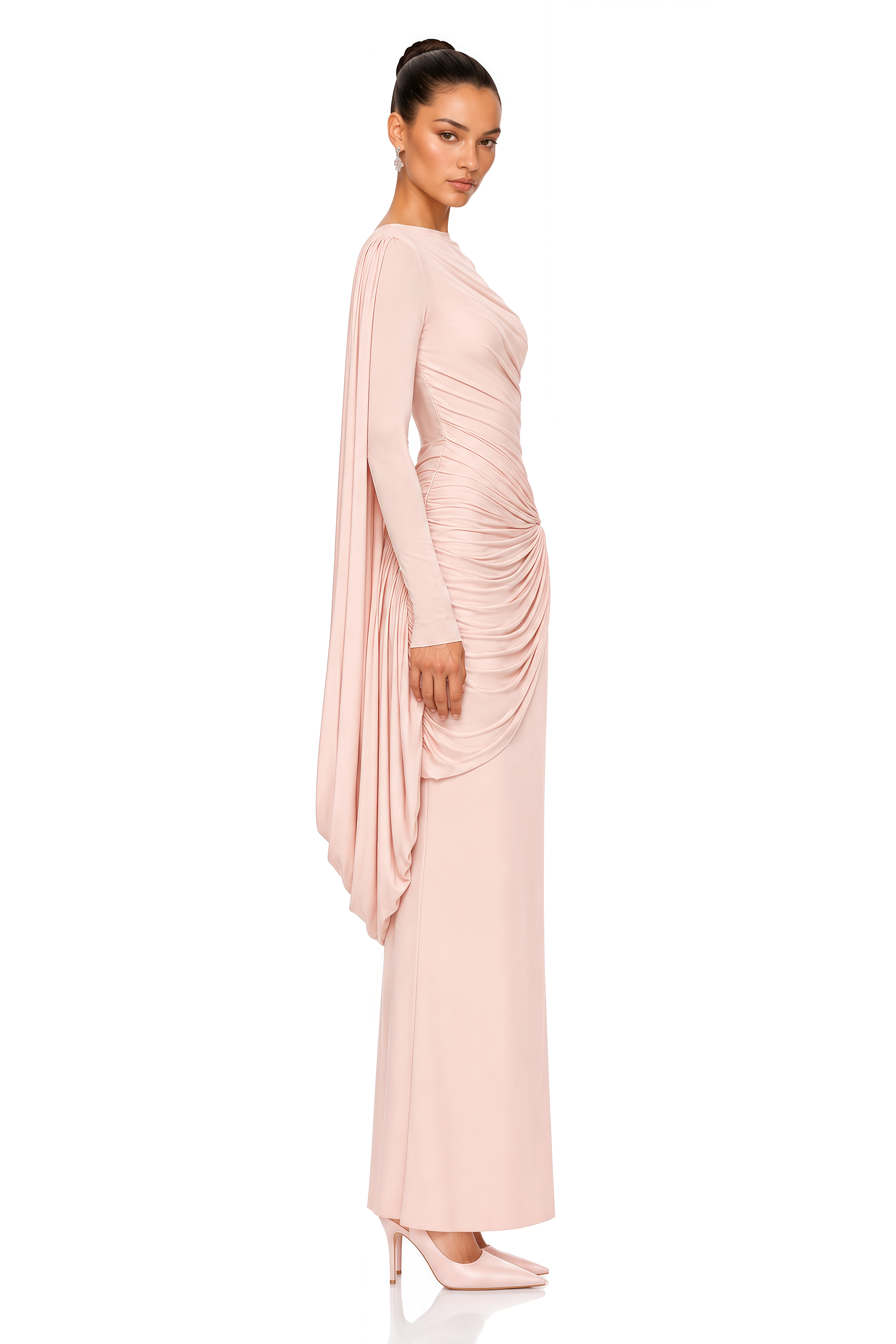 Virginia Blush Pink Asymmetrical Ruched Maxi Dress