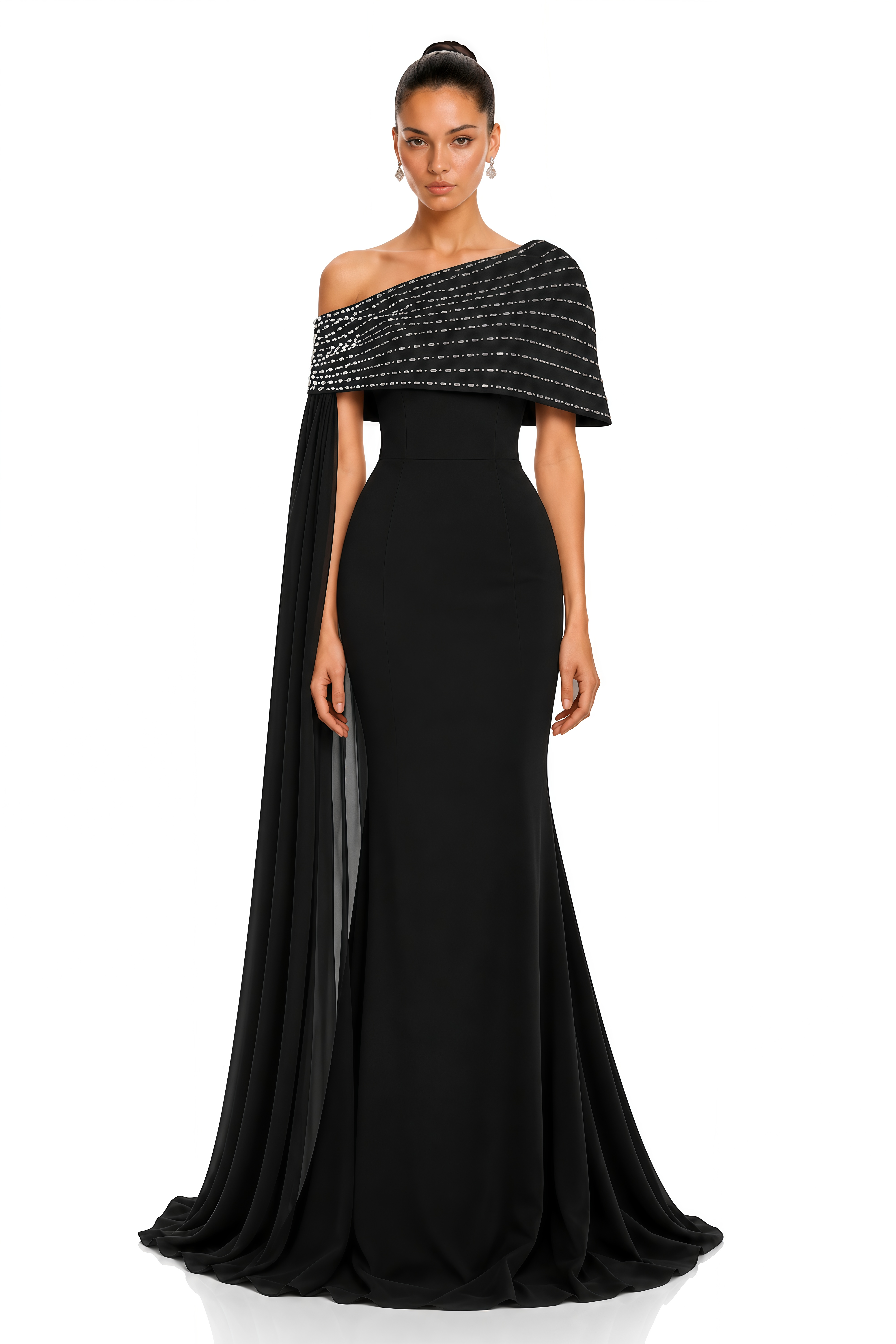 Vittoria Black Embellished One Shoulder Cape Maxi Gown