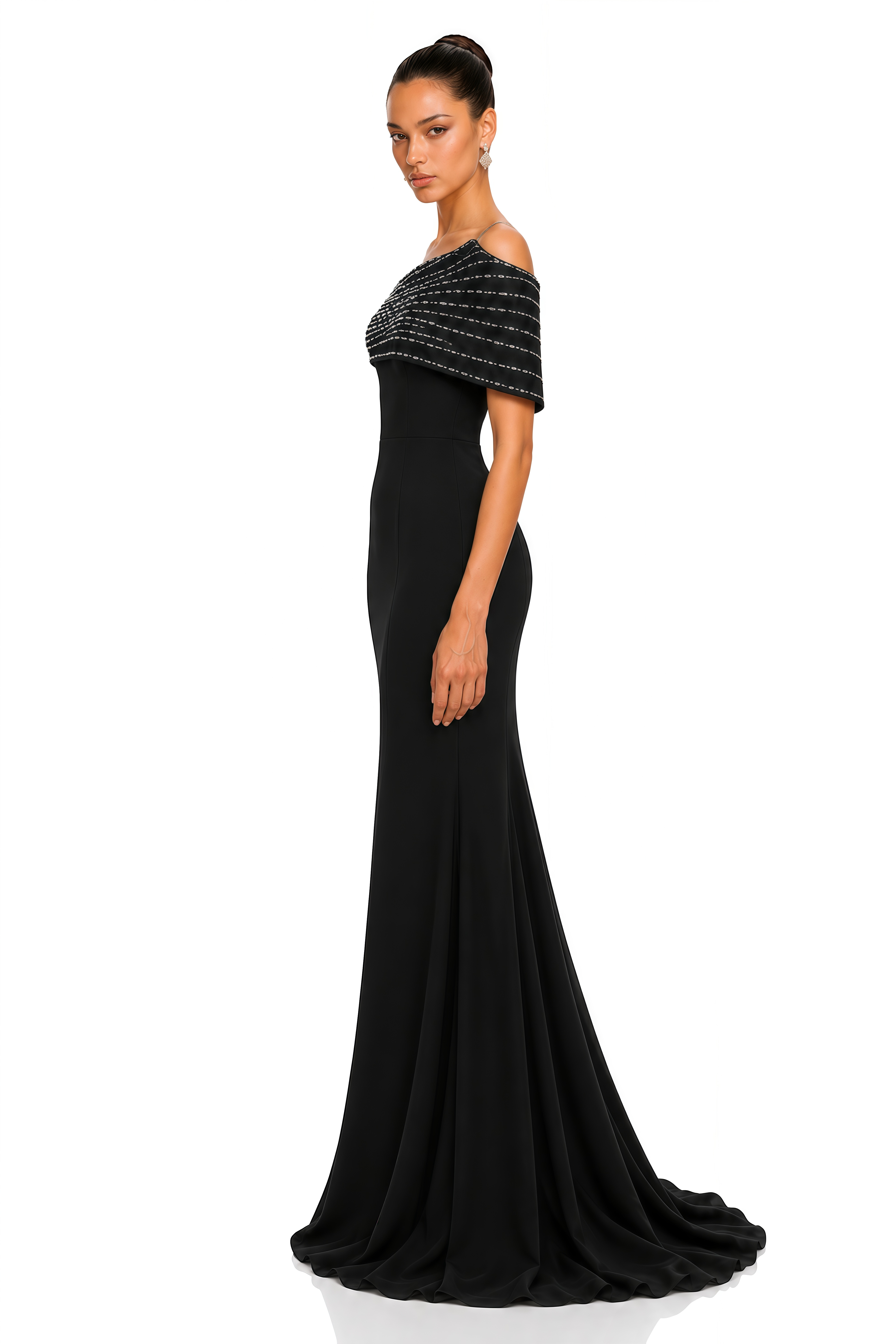 Vittoria Black Embellished One Shoulder Cape Maxi Gown