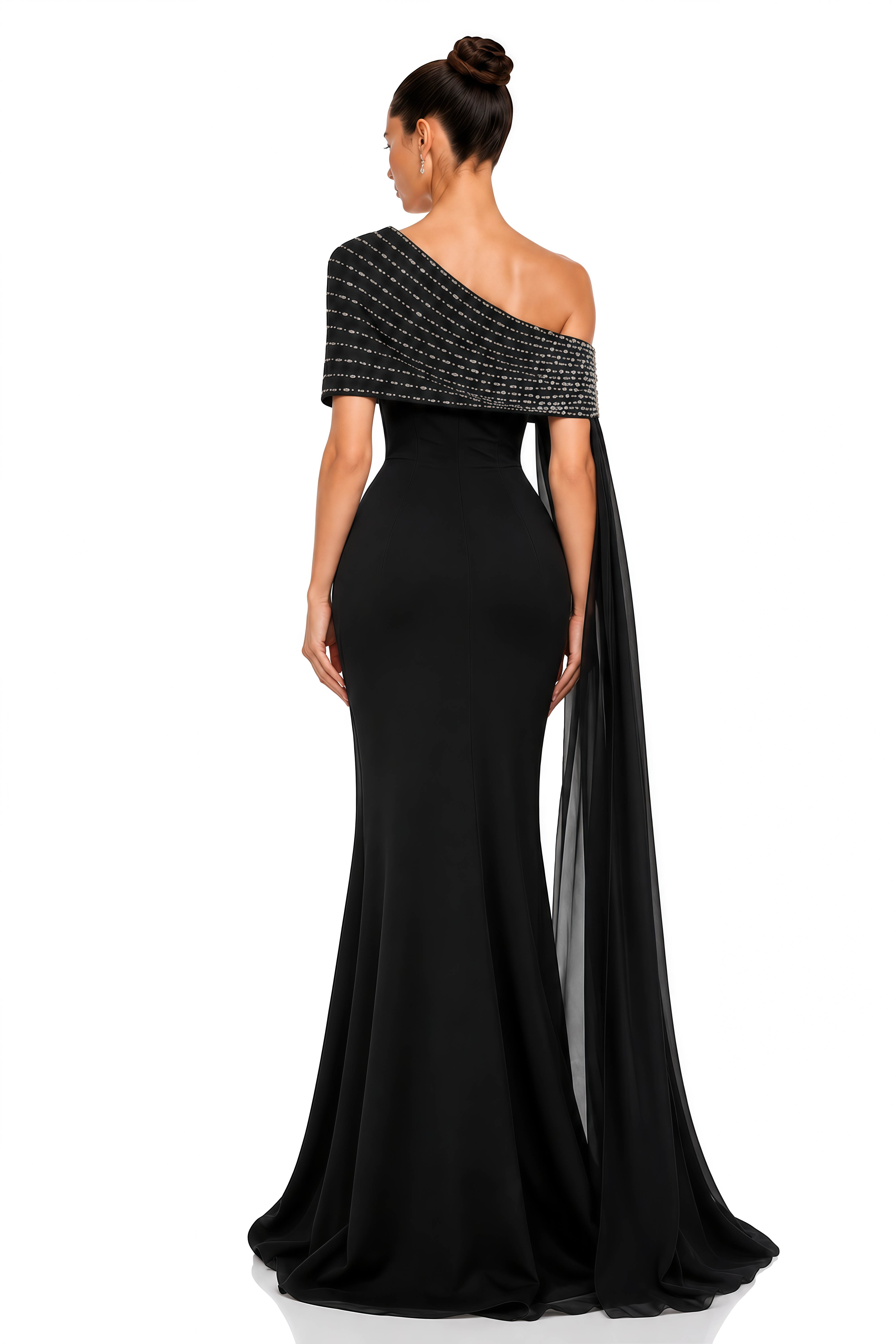 Vittoria Black Embellished One Shoulder Cape Maxi Gown
