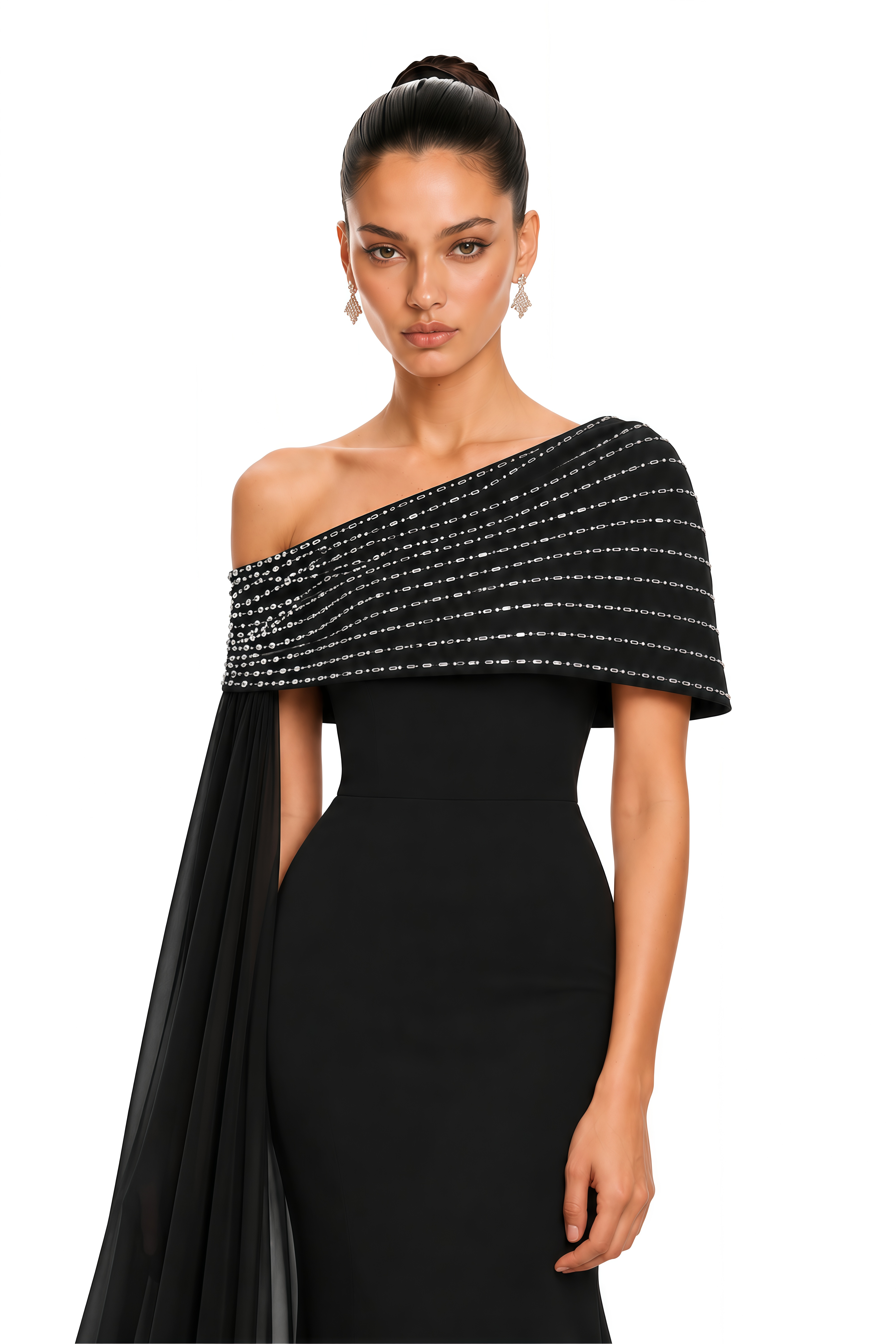 Vittoria Black Embellished One Shoulder Cape Maxi Gown
