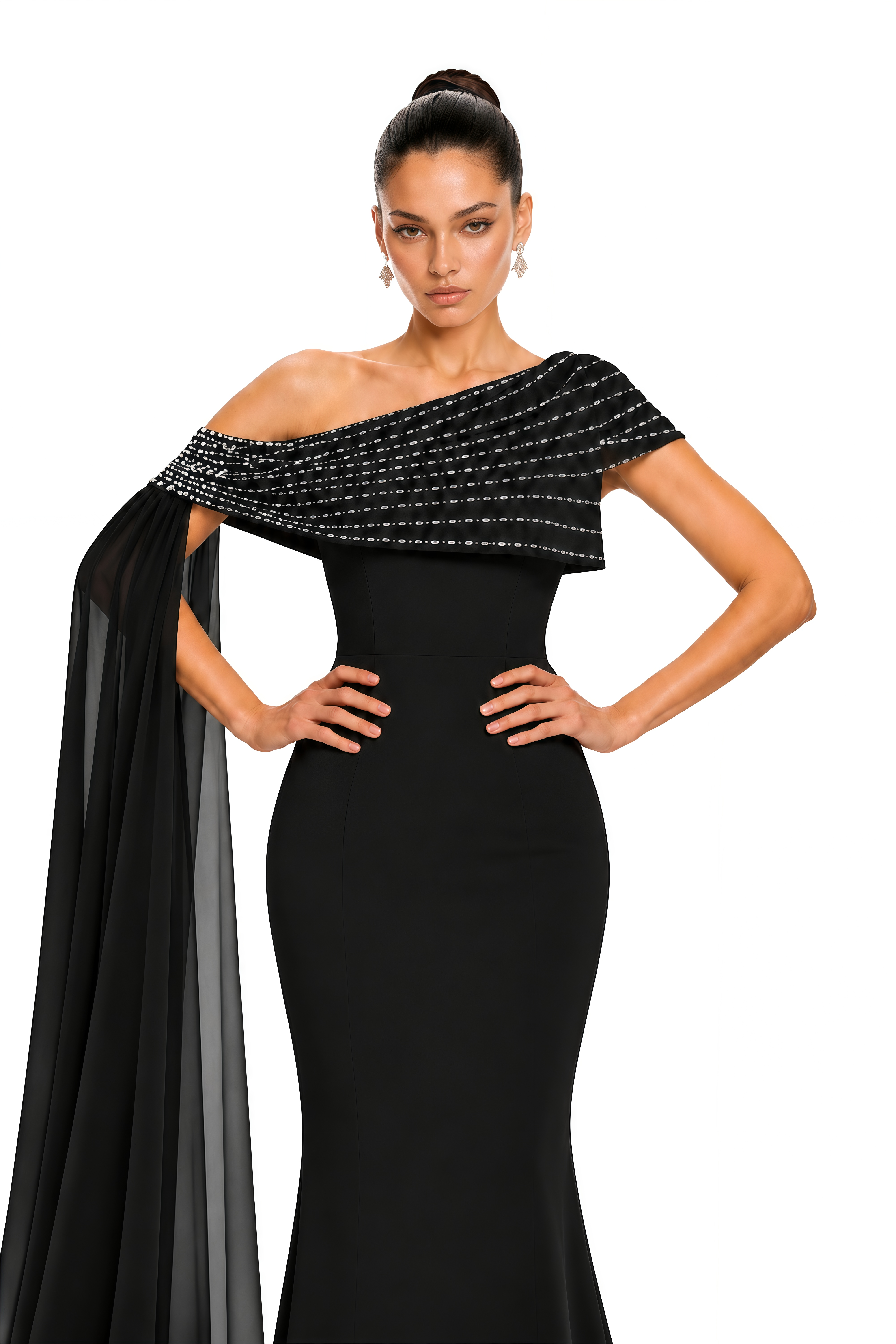 Vittoria Black Embellished One Shoulder Cape Maxi Gown