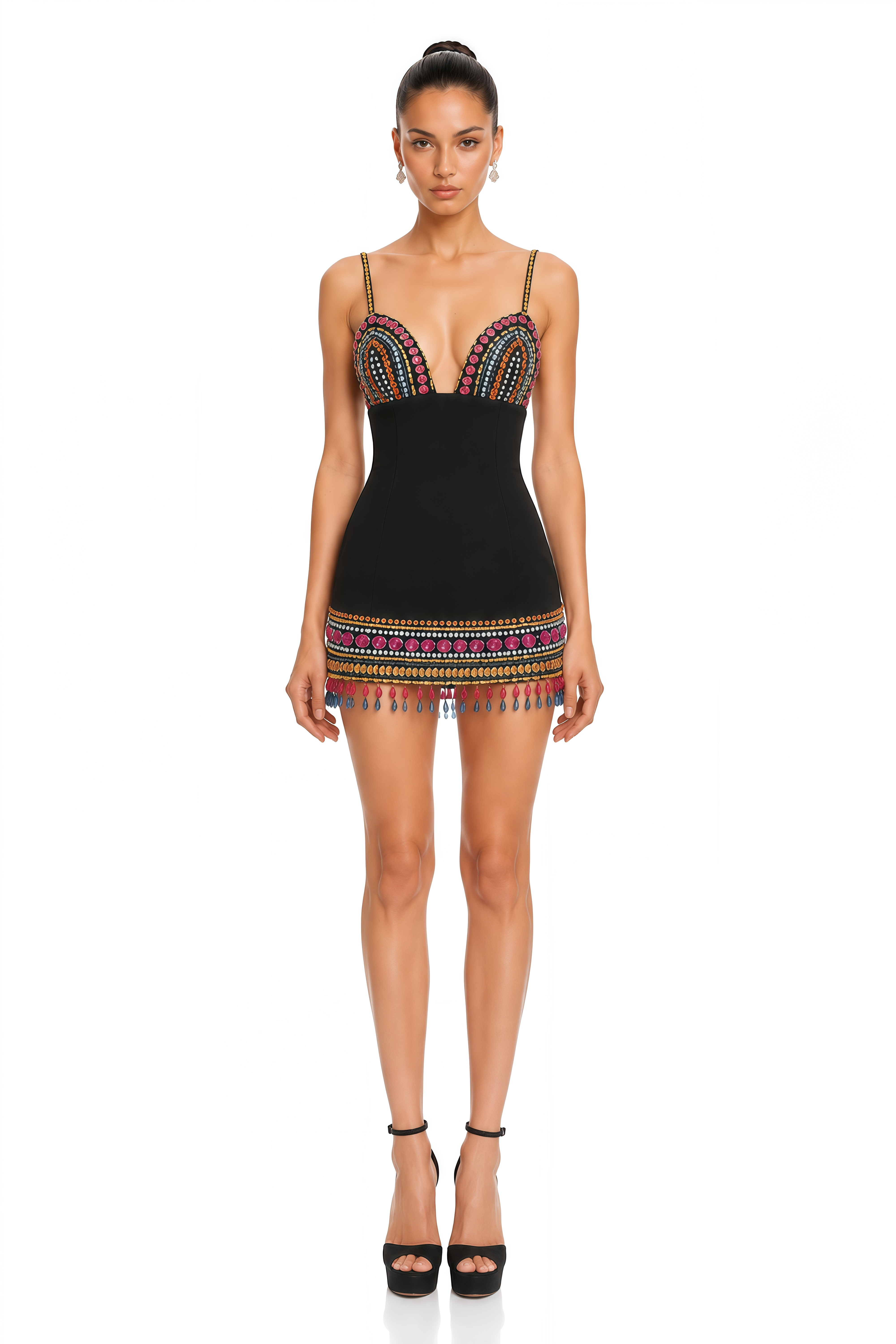 Vittoria Black Embellished Plunge Mini Dress
