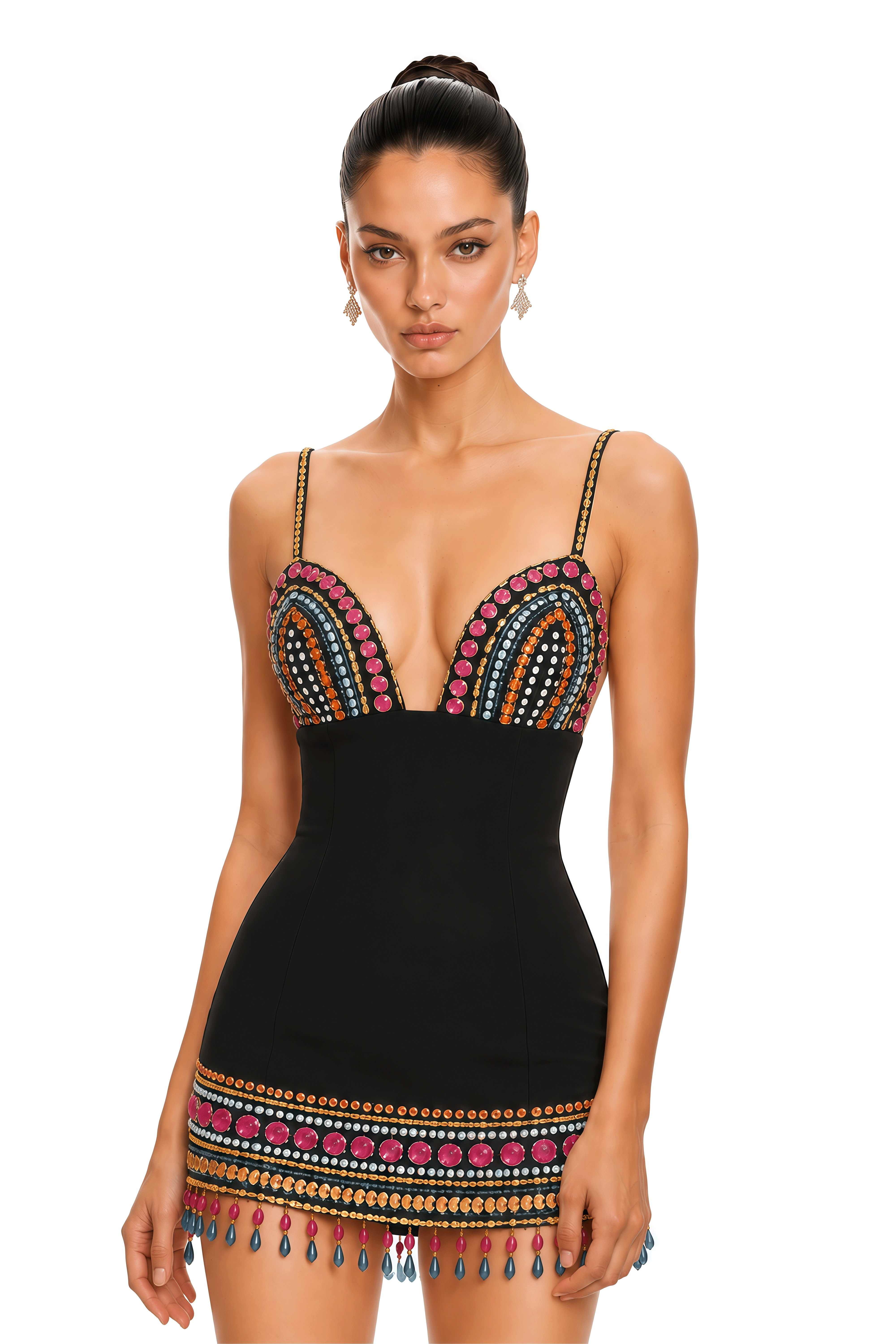 Vittoria Black Embellished Plunge Mini Dress
