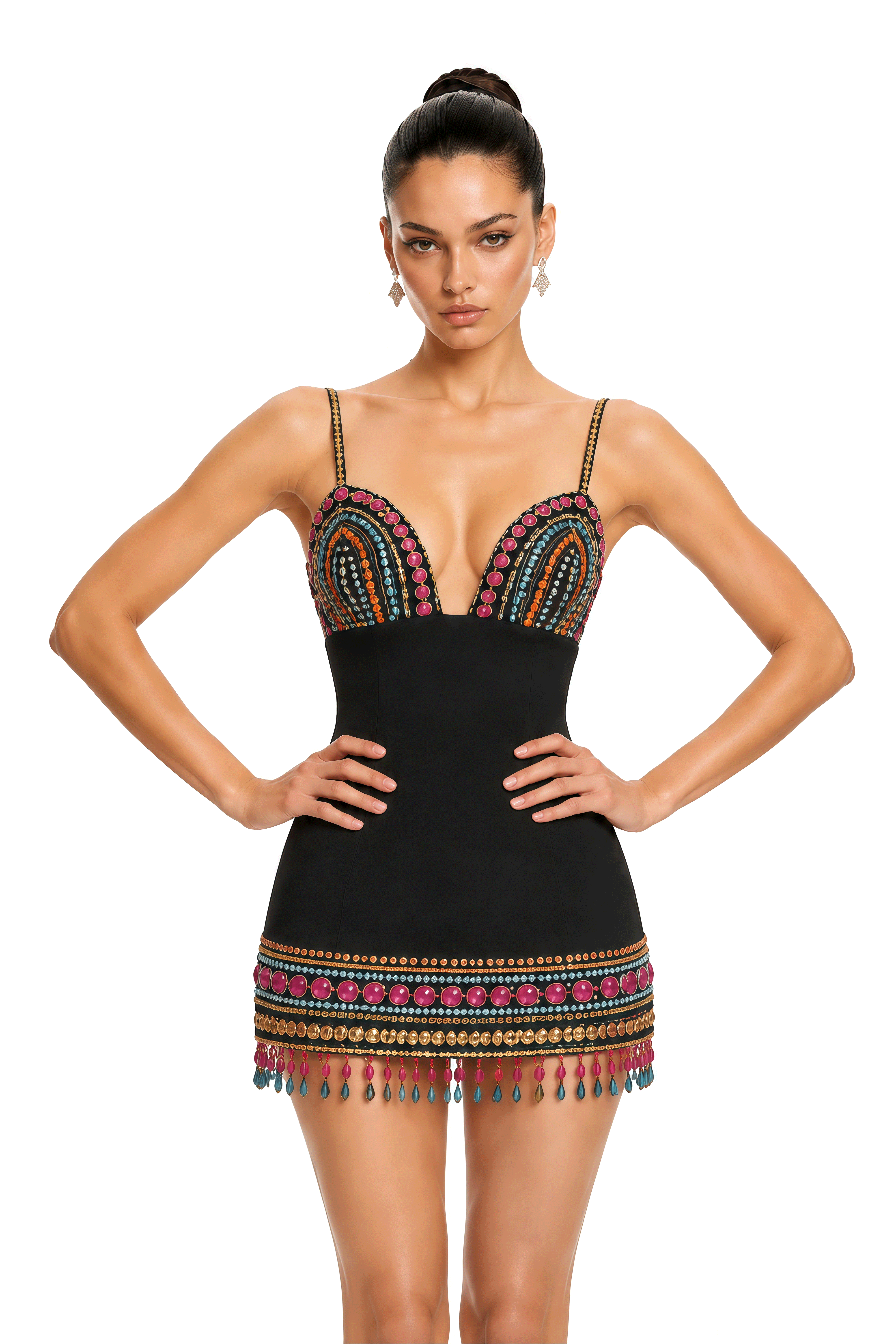 Vittoria Black Embellished Plunge Mini Dress