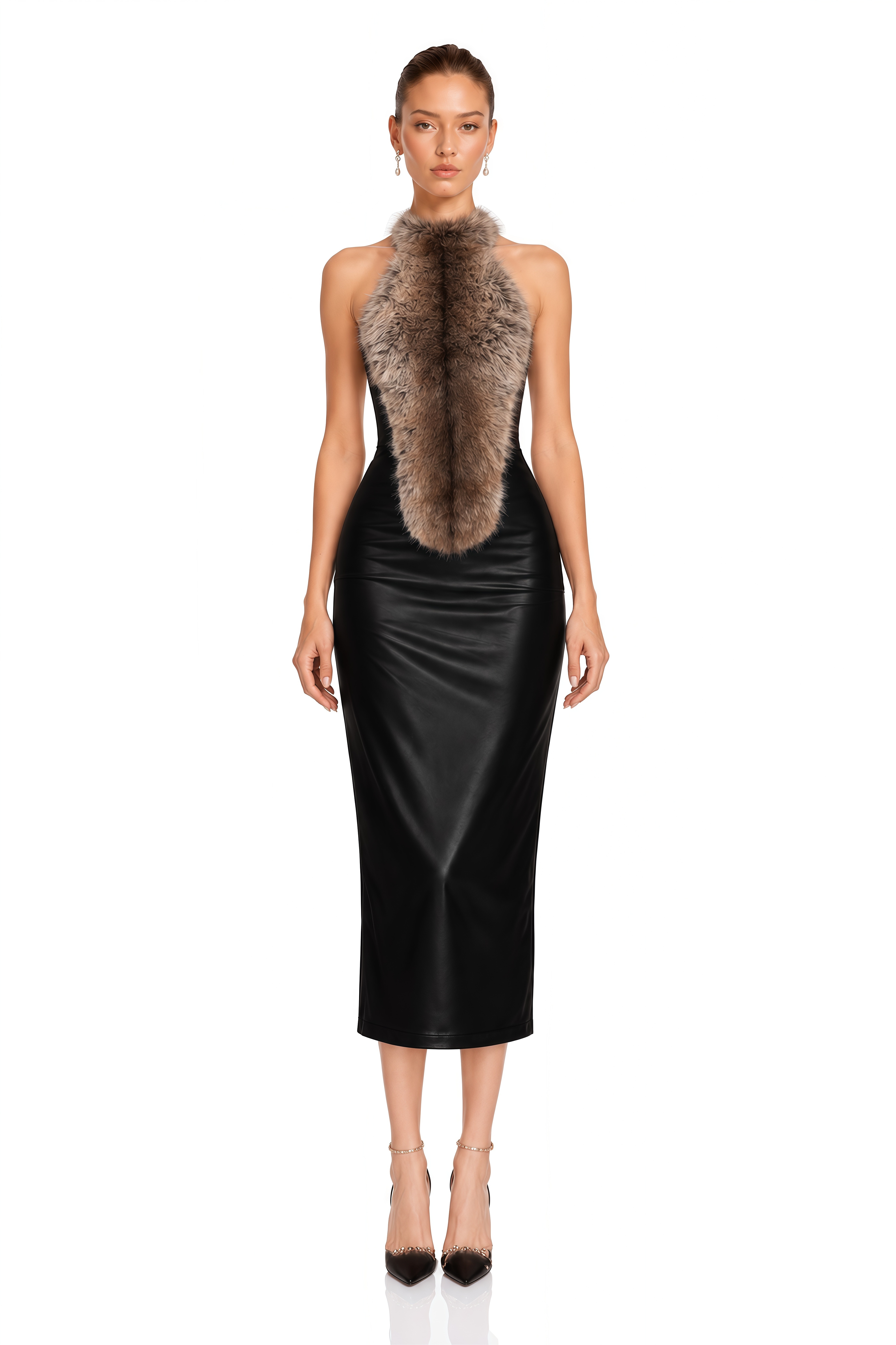 Vittoria Black Fur Trim Halterneck Midi Dress