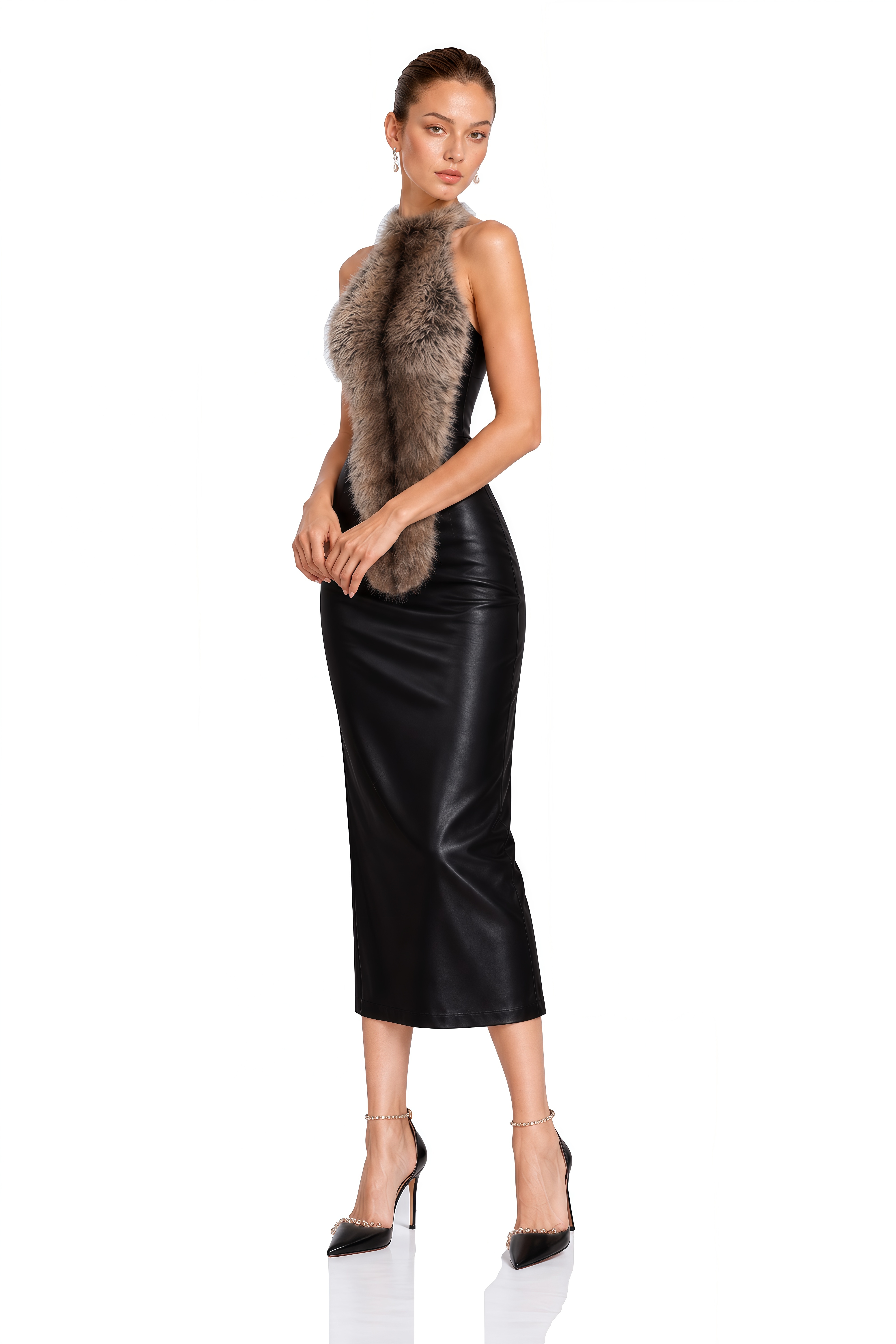 Vittoria Black Fur Trim Halterneck Midi Dress