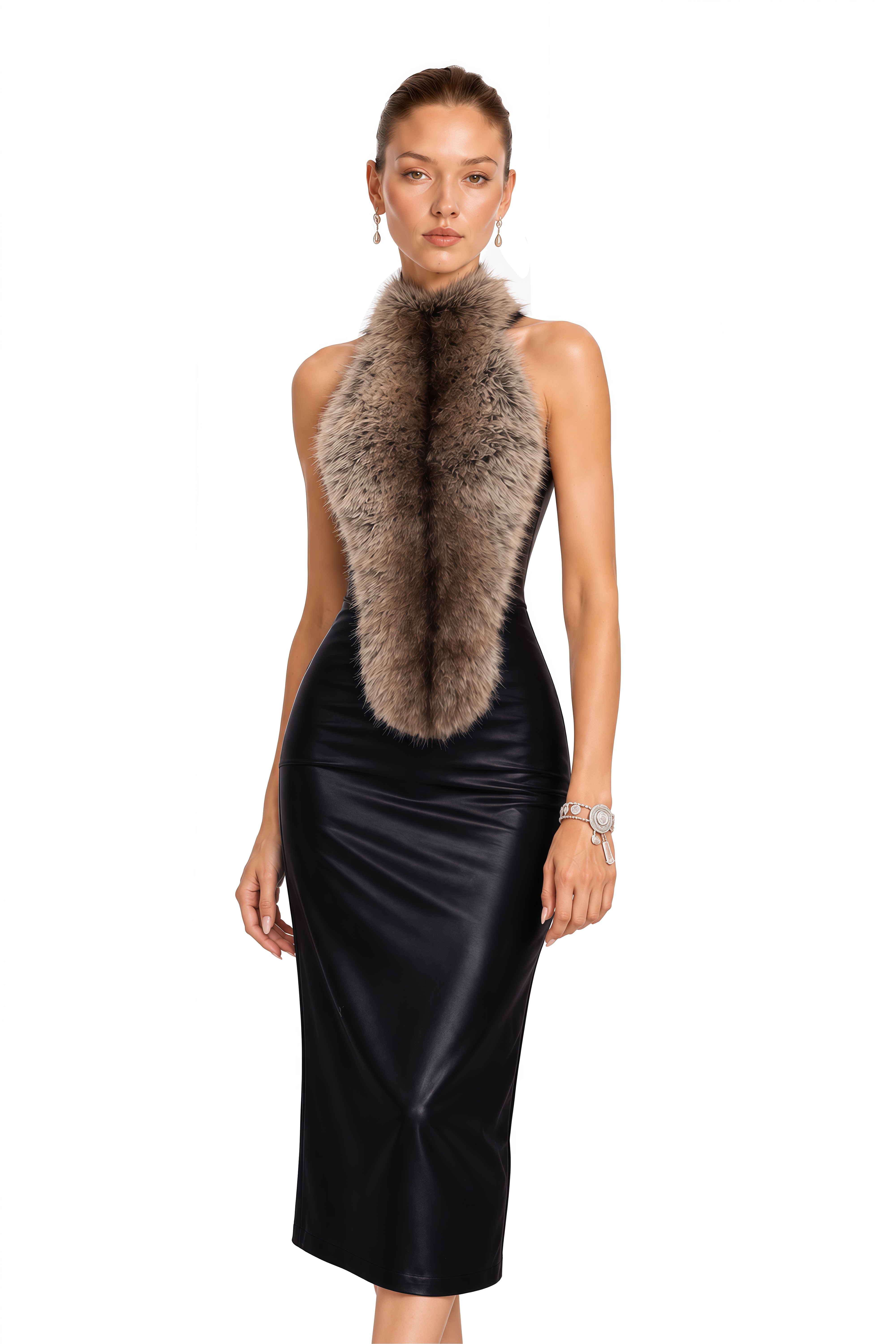 Vittoria Black Fur Trim Halterneck Midi Dress