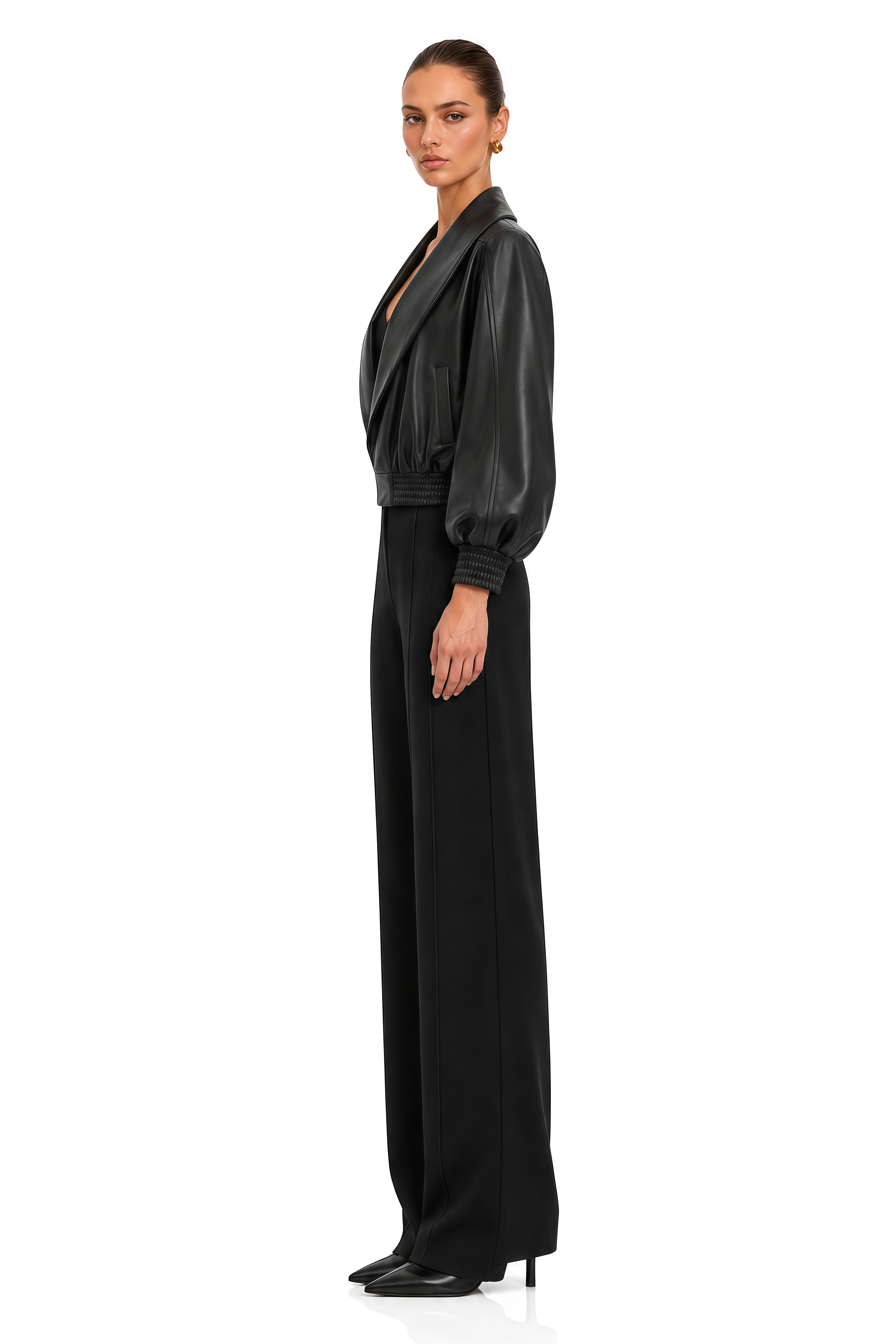 Vittoria Black Leather Effect Shawl Collar Jacket