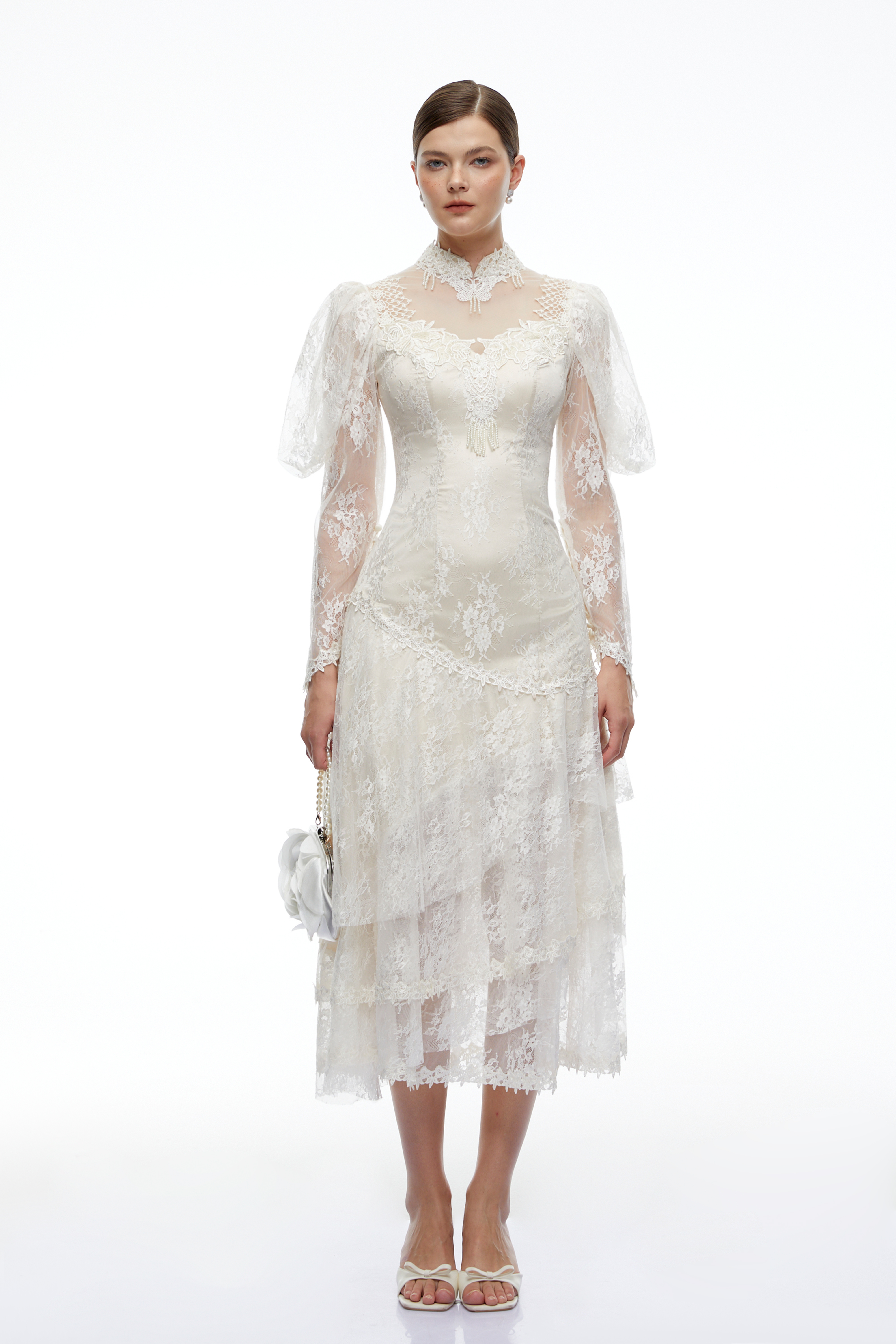 Vivian White Semi-Sheer Lace Tiered Midi Dress