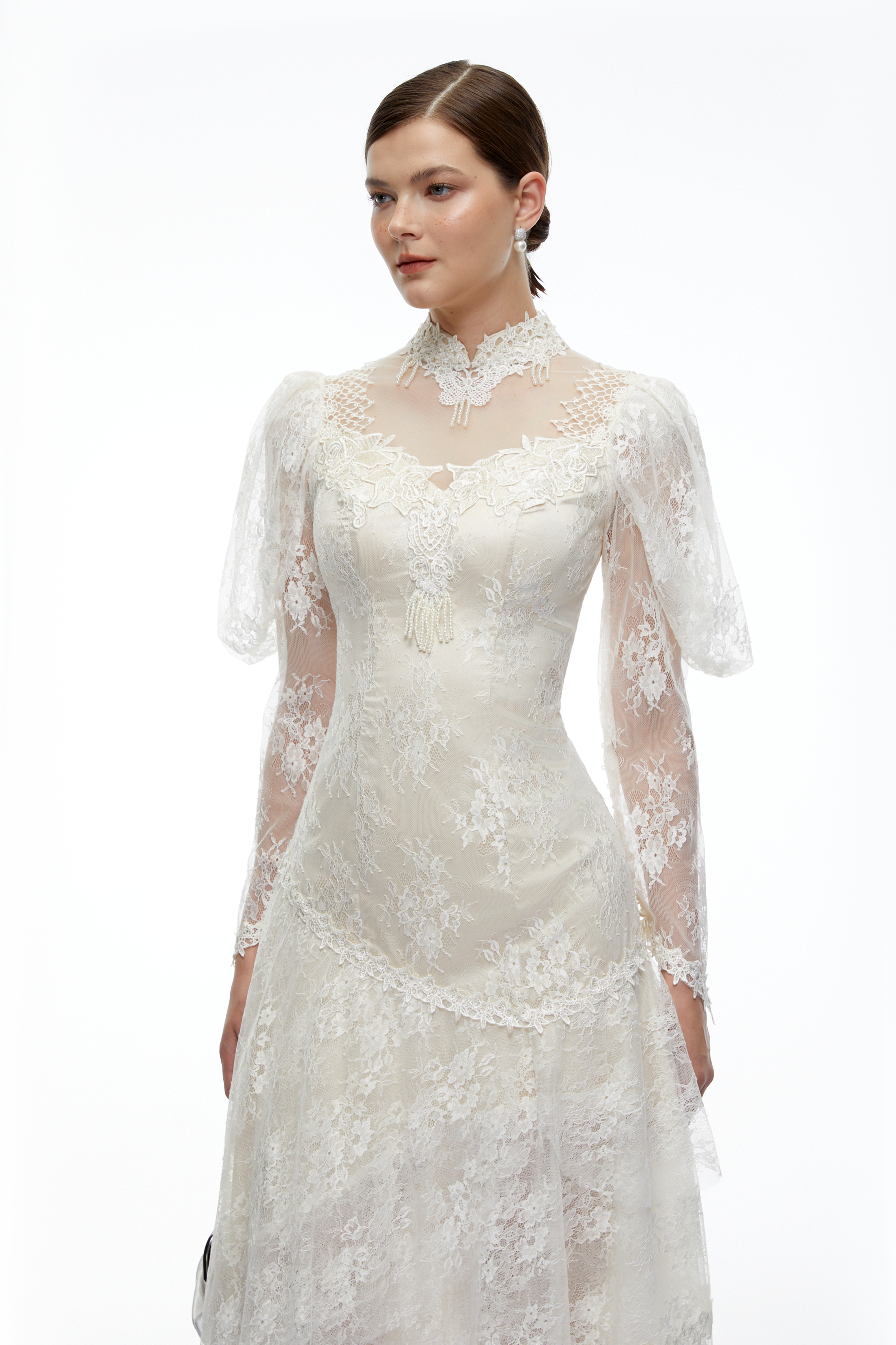 Vivian White Semi-Sheer Lace Tiered Midi Dress