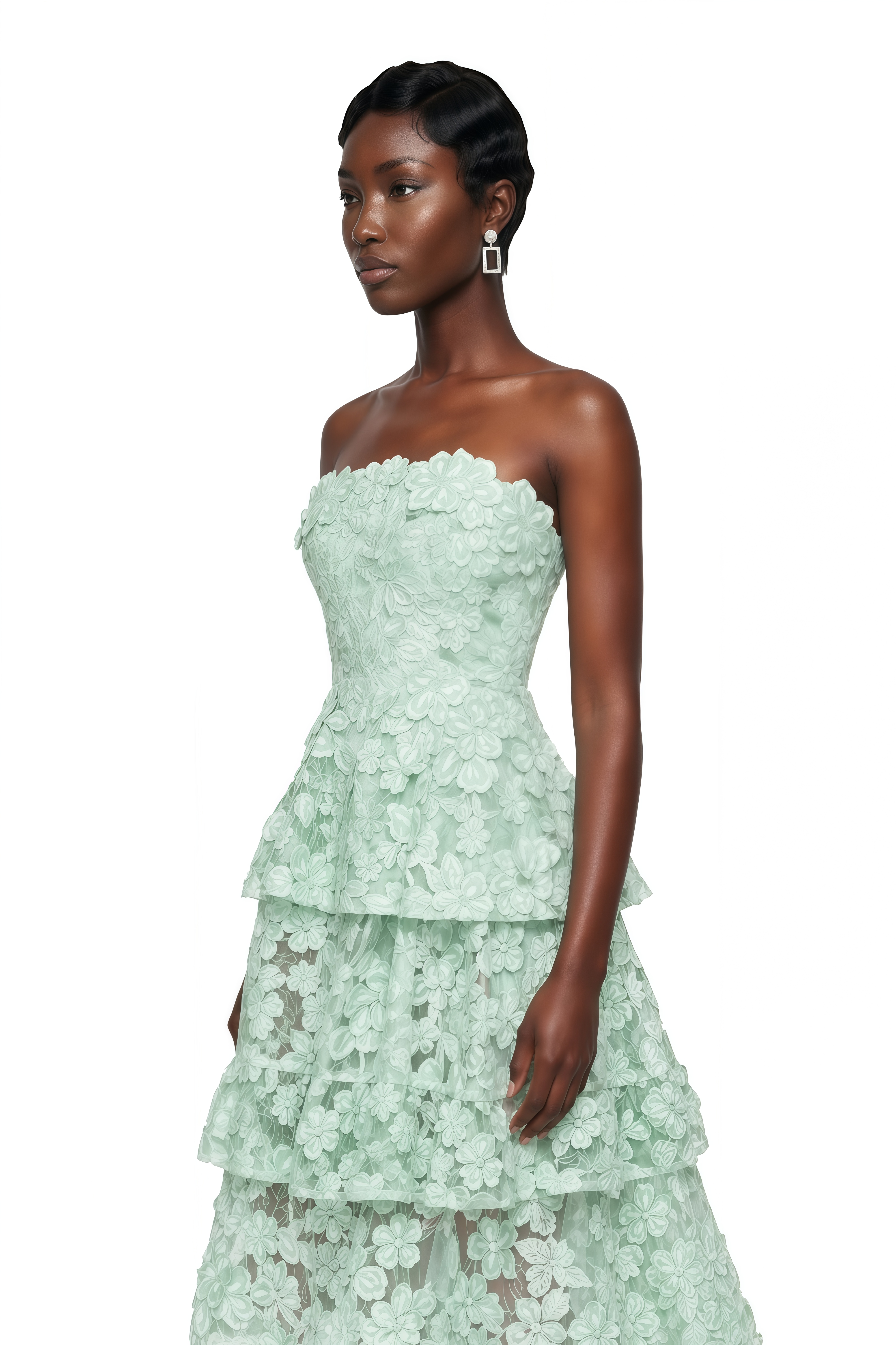 Viviana Green Tiered Midi Dress with 3D Florals