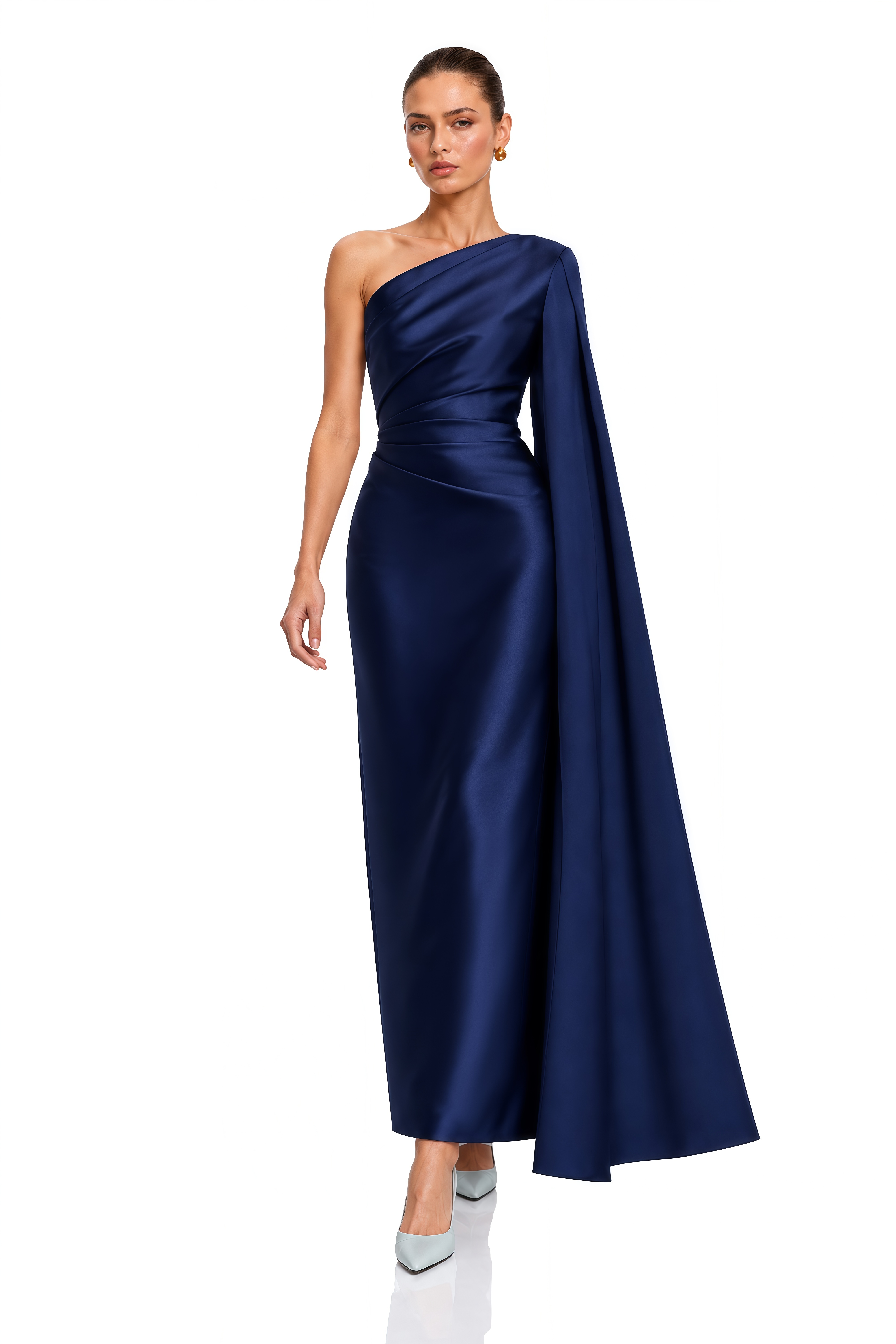 Vivienne Navy Blue One Shoulder Draped Satin Maxi Dress